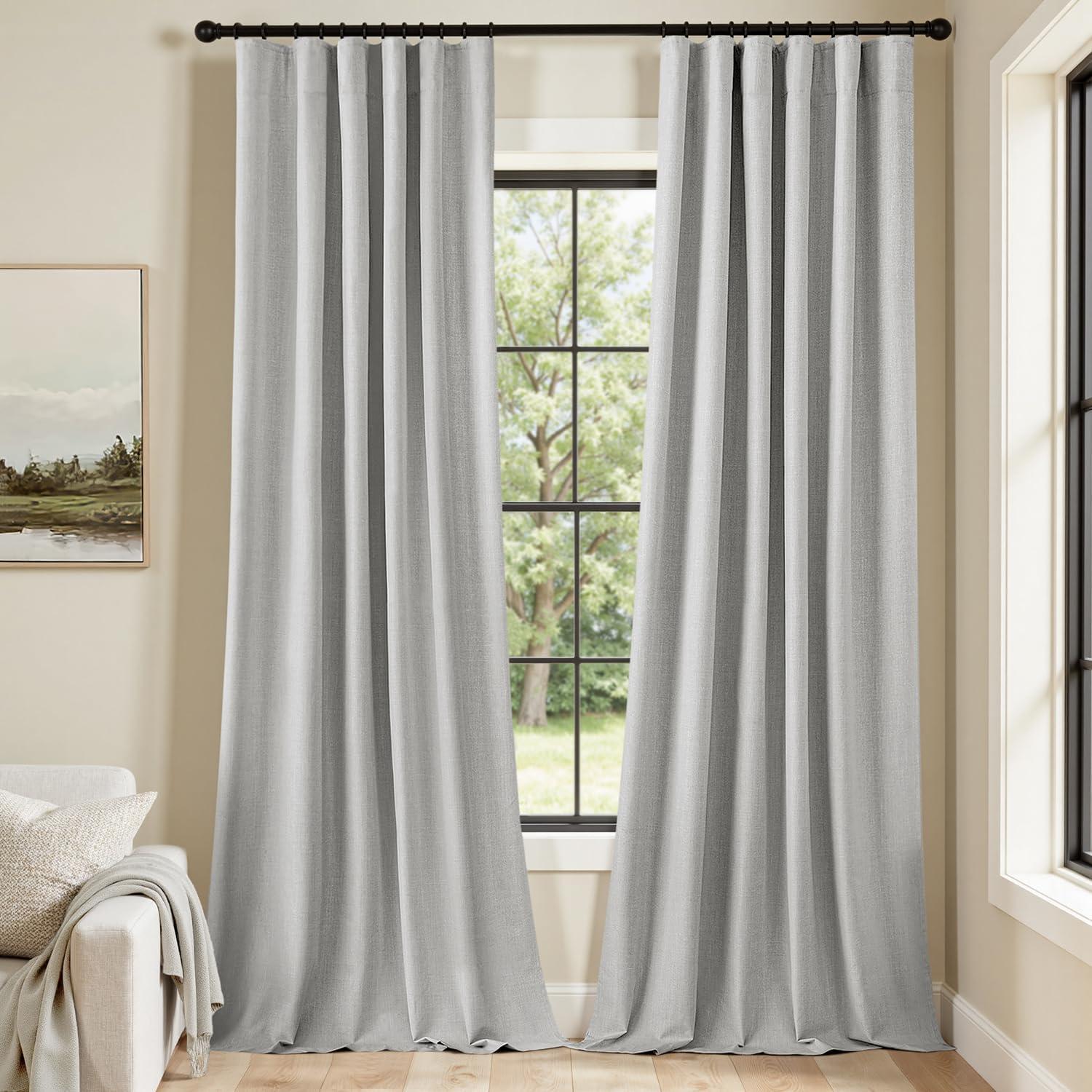 imageMIULEE 100 Blackout Curtains 90 Inch Long 2 Panels Set for Bedroom Thick Luxury Faux Linen Black Out Curtain Room Darkening Back Tab Pleat Window Textured Drapes with Hooks for Living Room BirchGrey