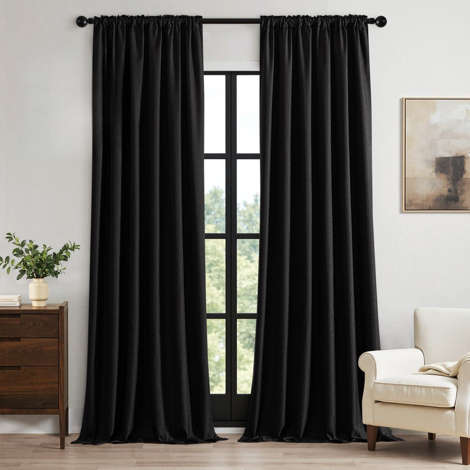 imageMIULEE 100 Blackout Curtains 90 Inch Long 2 Panels Set for Bedroom Thick Luxury Faux Linen Black Out Curtain Room Darkening Back Tab Pleat Window Textured Drapes with Hooks for Living Room BirchBlack