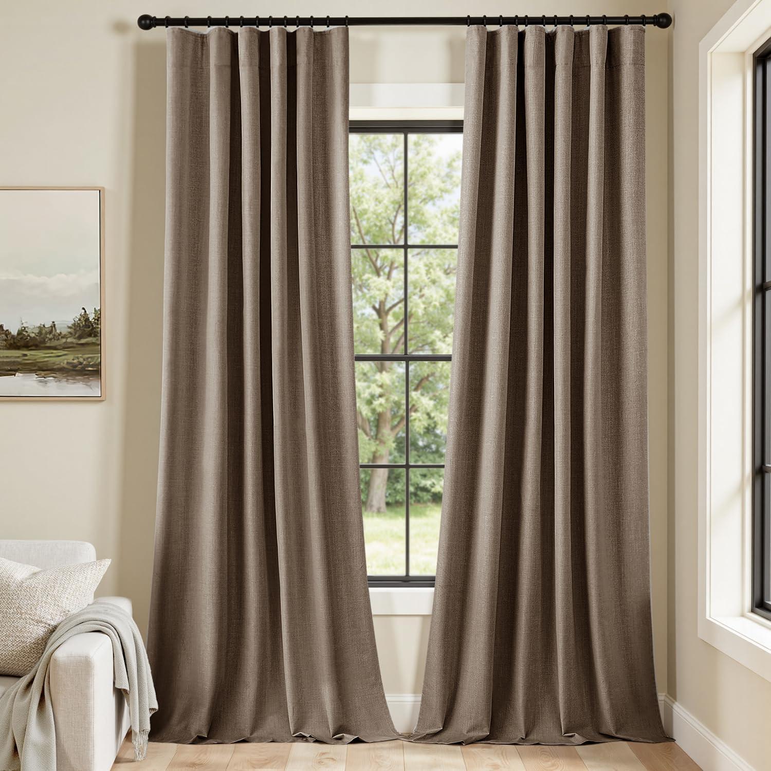imageMIULEE 100 Blackout Curtains 90 Inch Long 2 Panels Set for Bedroom Thick Luxury Faux Linen Black Out Curtain Room Darkening Back Tab Pleat Window Textured Drapes with Hooks for Living Room BirchDutch Cocoa
