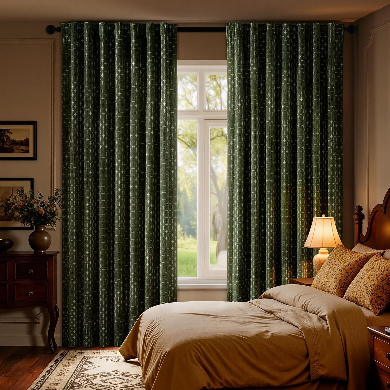 imageMIULEE 100 Blackout Decorative Linen Curtains with Geometric Pattern Thick Woven Farmhouse Rustic Patterned Drapes with Back Tab for Bedroom and Living Room Olive Green 52 x 84 Inches 2 PanelsOlive Green