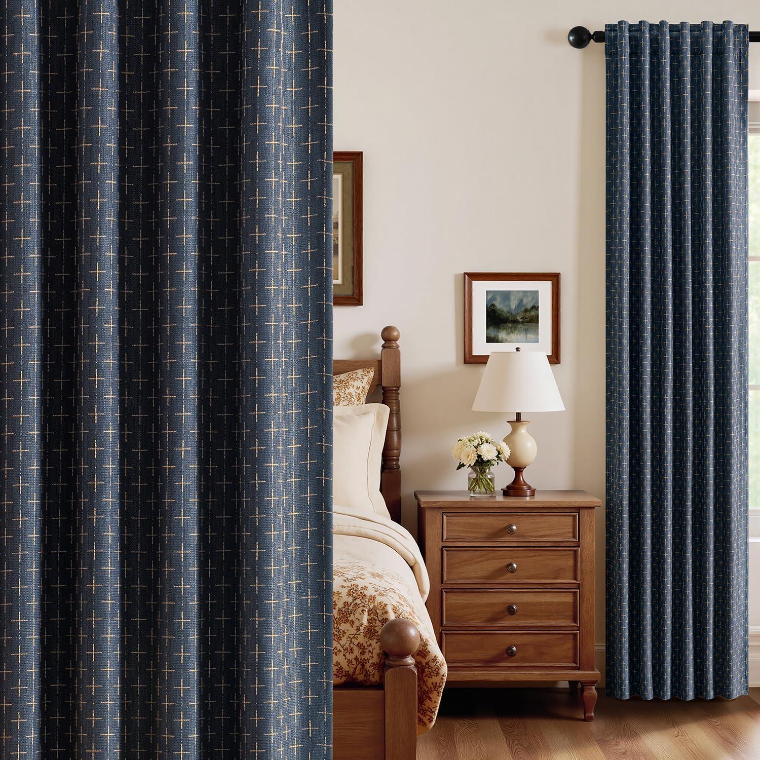 imageMIULEE 100 Blackout Decorative Linen Curtains with Geometric Pattern Thick Woven Farmhouse Rustic Patterned Drapes with Back Tab for Bedroom and Living Room Olive Green 52 x 84 Inches 2 PanelsBlue