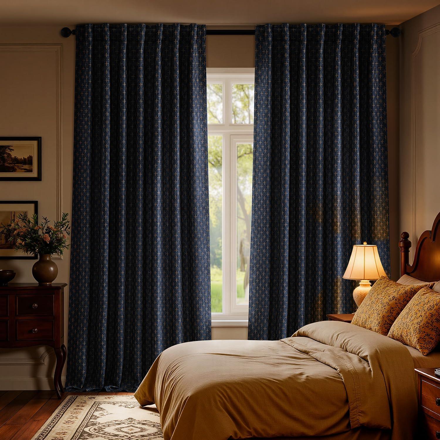 imageMIULEE 100 Blackout Decorative Linen Curtains with Geometric Pattern Thick Woven Farmhouse Rustic Patterned Drapes with Back Tab for Bedroom and Living Room Olive Green 52 x 84 Inches 2 PanelsBlue