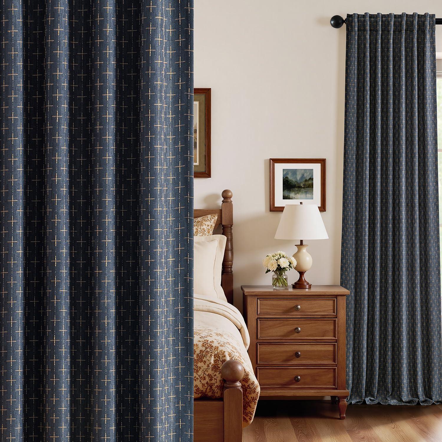 imageMIULEE 100 Blackout Decorative Linen Curtains with Geometric Pattern Thick Woven Farmhouse Rustic Patterned Drapes with Back Tab for Bedroom and Living Room Olive Green 52 x 84 Inches 2 PanelsBlue