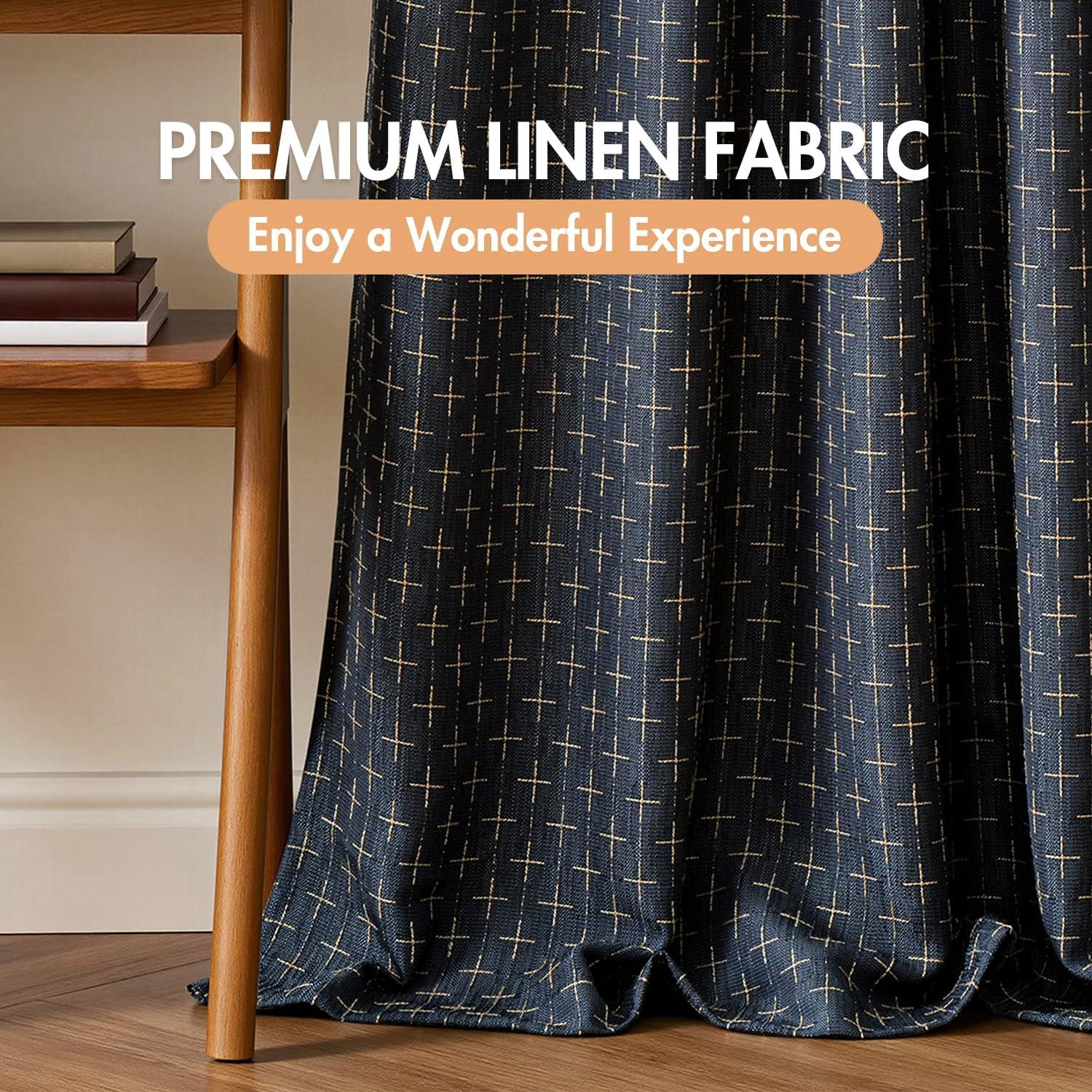 imageMIULEE 100 Blackout Decorative Linen Curtains with Geometric Pattern Thick Woven Farmhouse Rustic Patterned Drapes with Back Tab for Bedroom and Living Room Olive Green 52 x 84 Inches 2 PanelsBlue