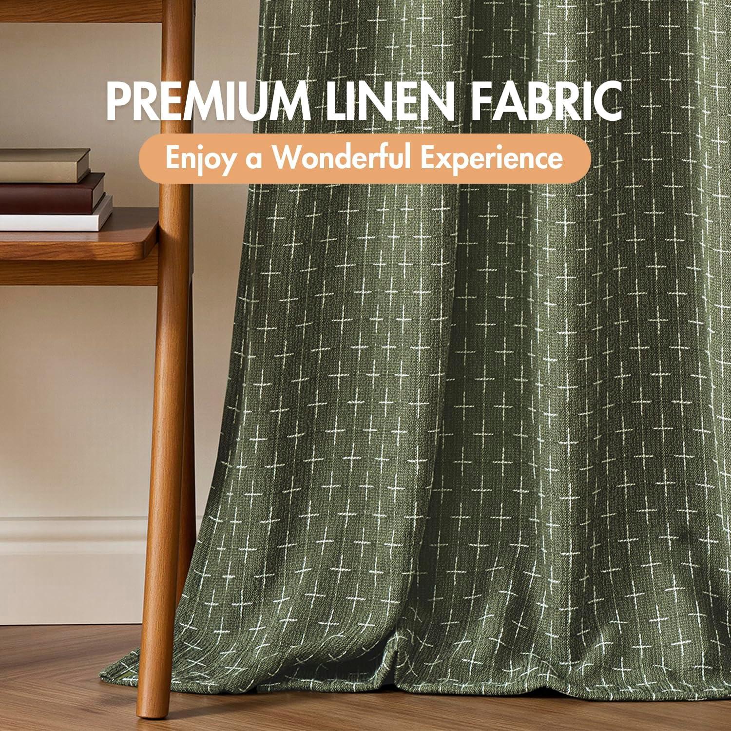 imageMIULEE 100 Blackout Decorative Linen Curtains with Geometric Pattern Thick Woven Farmhouse Rustic Patterned Drapes with Back Tab for Bedroom and Living Room Olive Green 52 x 84 Inches 2 PanelsOlive Green