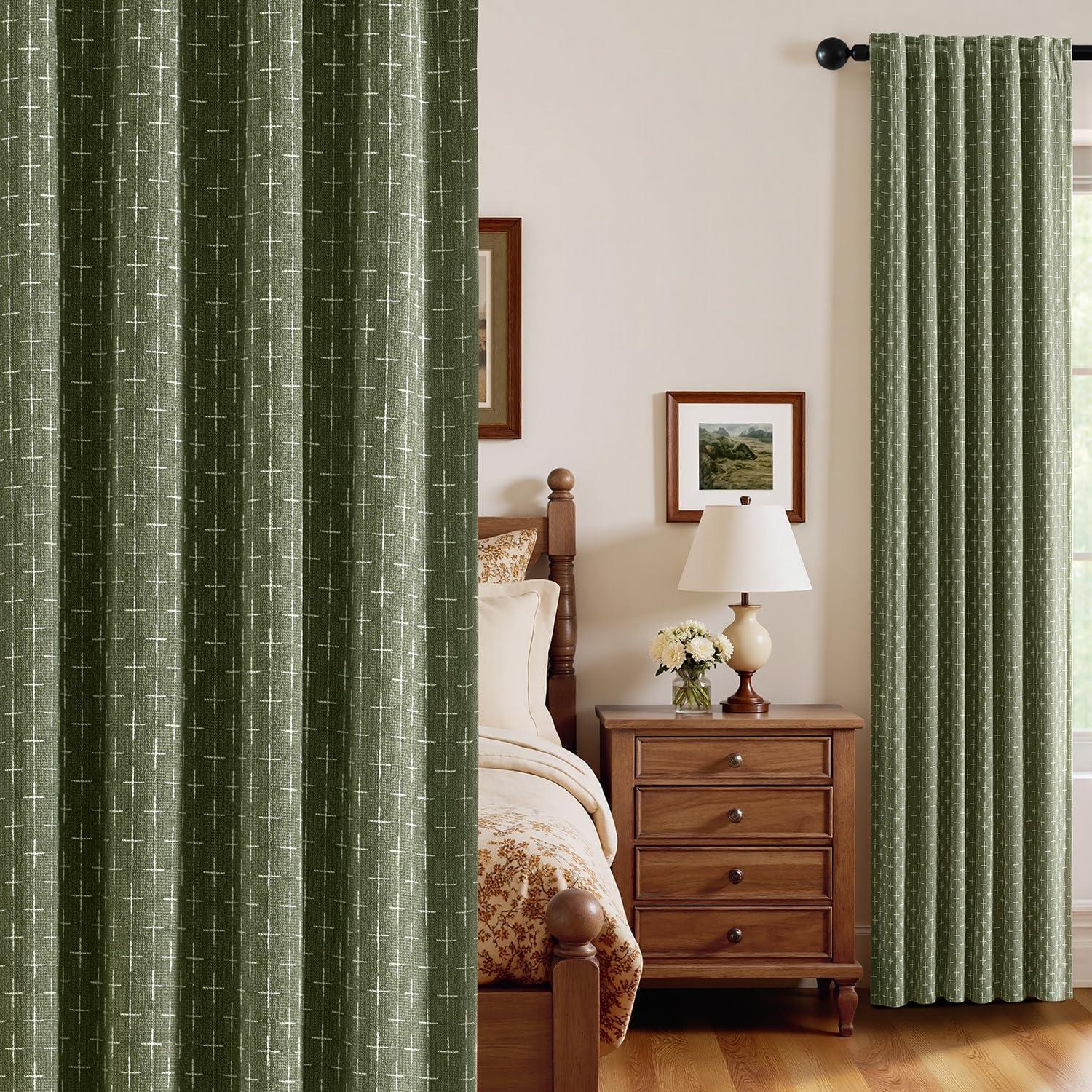 imageMIULEE 100 Blackout Decorative Linen Curtains with Geometric Pattern Thick Woven Farmhouse Rustic Patterned Drapes with Back Tab for Bedroom and Living Room Olive Green 52 x 84 Inches 2 PanelsOlive Green