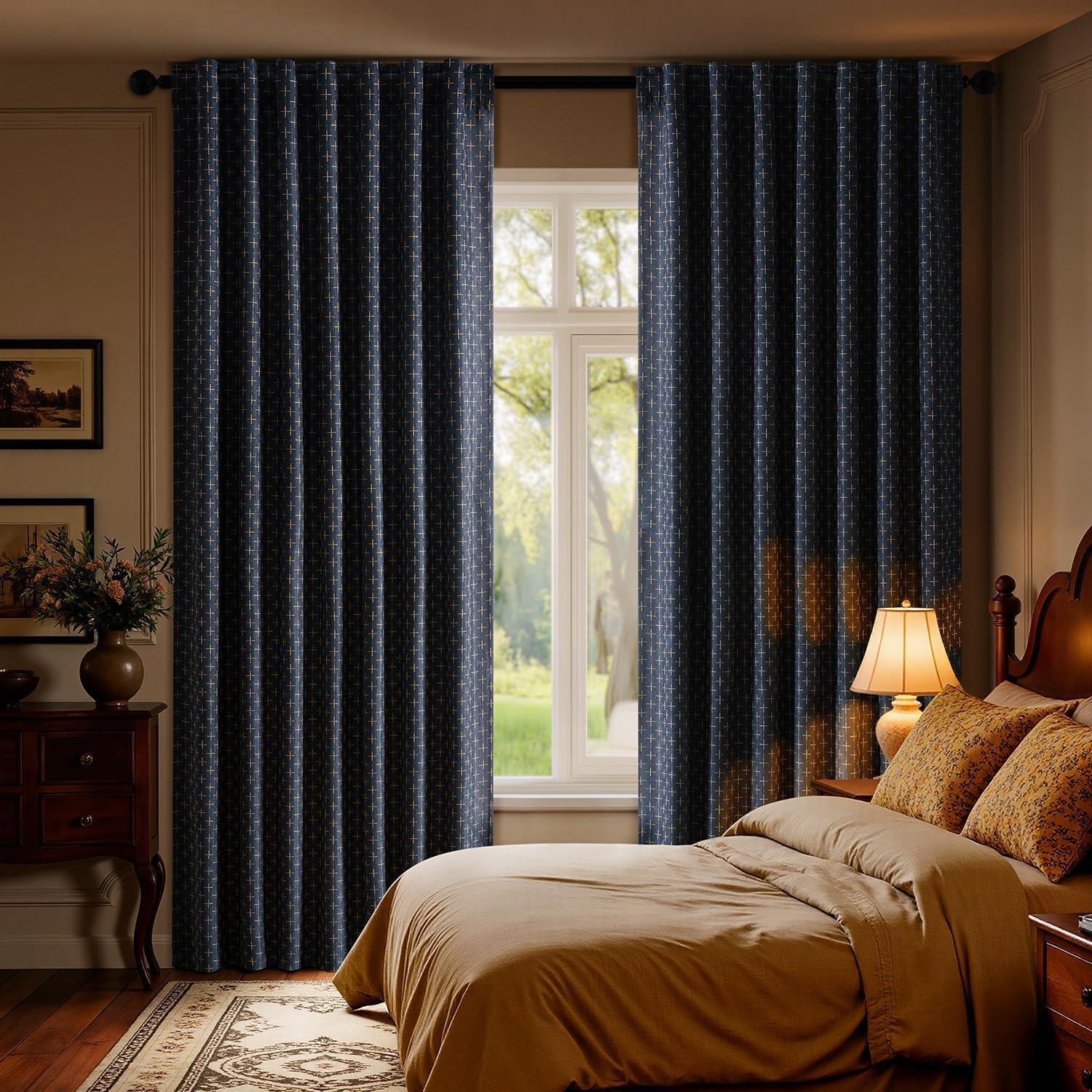 imageMIULEE 100 Blackout Decorative Linen Curtains with Geometric Pattern Thick Woven Farmhouse Rustic Patterned Drapes with Back Tab for Bedroom and Living Room Olive Green 52 x 84 Inches 2 PanelsBlue