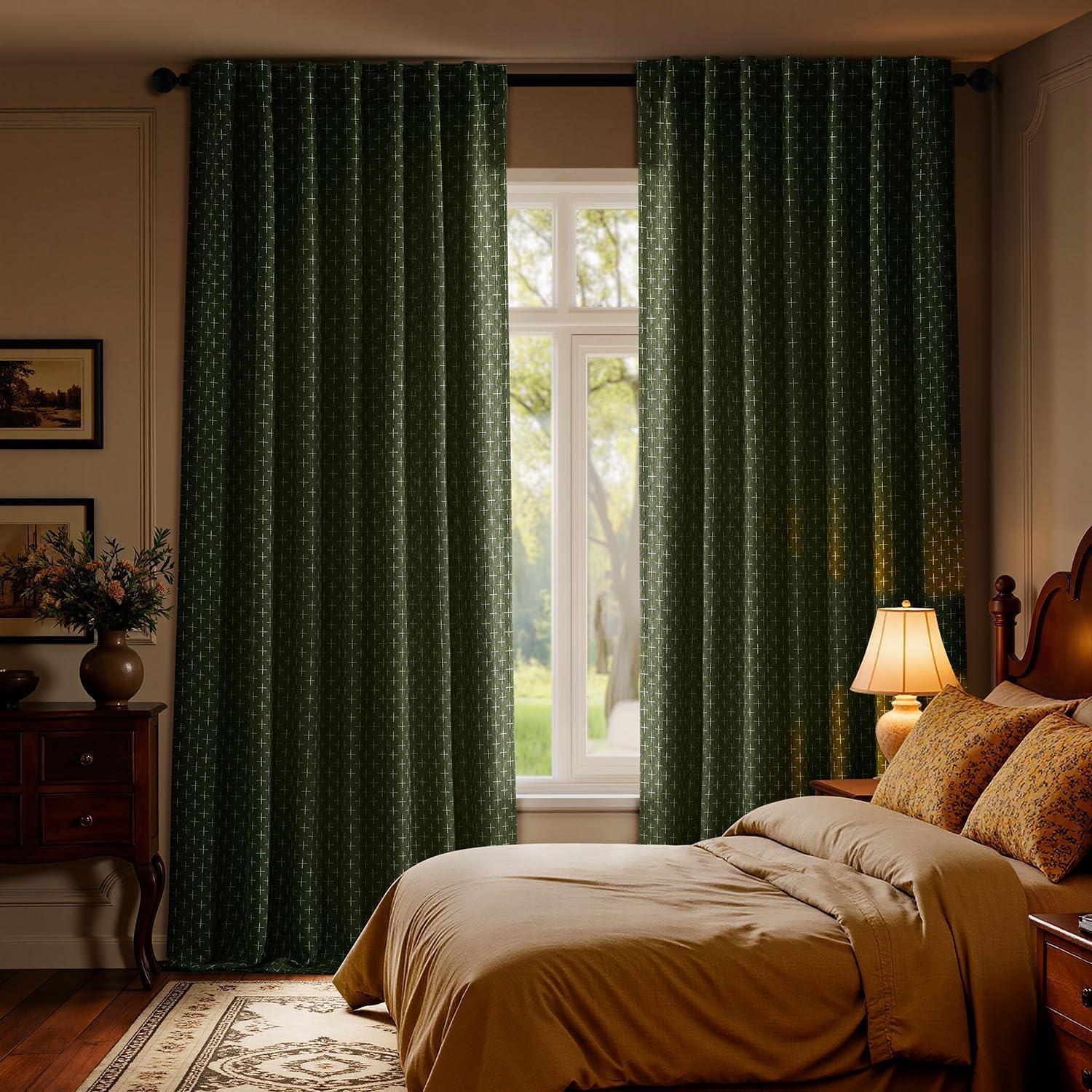 imageMIULEE 100 Blackout Decorative Linen Curtains with Geometric Pattern Thick Woven Farmhouse Rustic Patterned Drapes with Back Tab for Bedroom and Living Room Olive Green 52 x 84 Inches 2 PanelsOlive Green