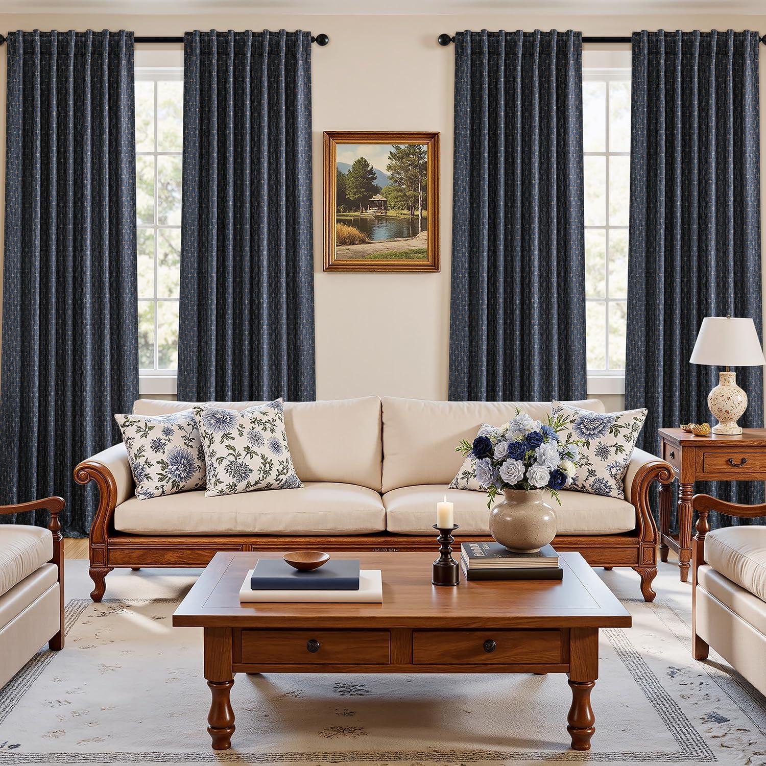 imageMIULEE 100 Blackout Decorative Linen Curtains with Geometric Pattern Thick Woven Farmhouse Rustic Patterned Drapes with Back Tab for Bedroom and Living Room Olive Green 52 x 84 Inches 2 PanelsBlue