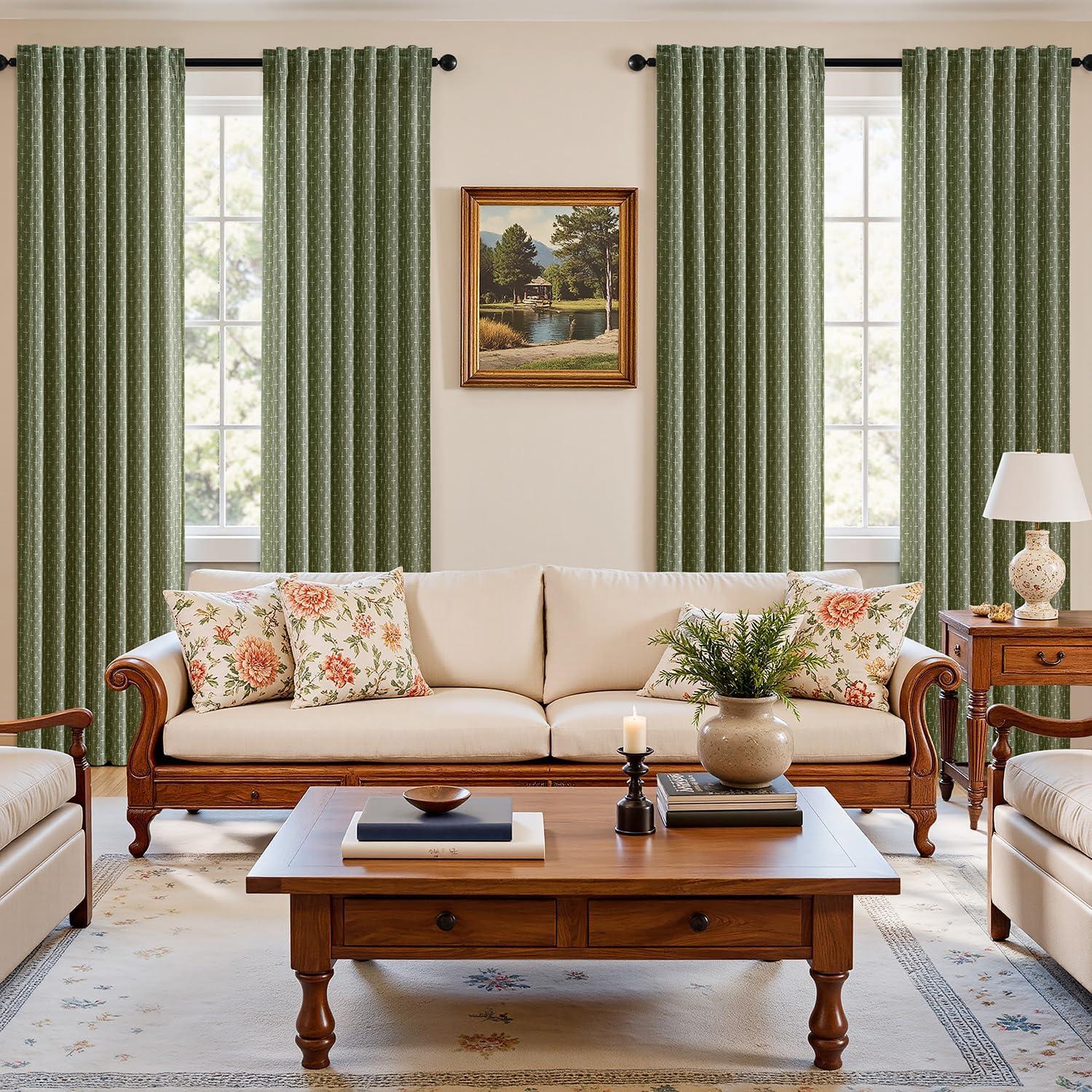 imageMIULEE 100 Blackout Decorative Linen Curtains with Geometric Pattern Thick Woven Farmhouse Rustic Patterned Drapes with Back Tab for Bedroom and Living Room Olive Green 52 x 84 Inches 2 PanelsOlive Green