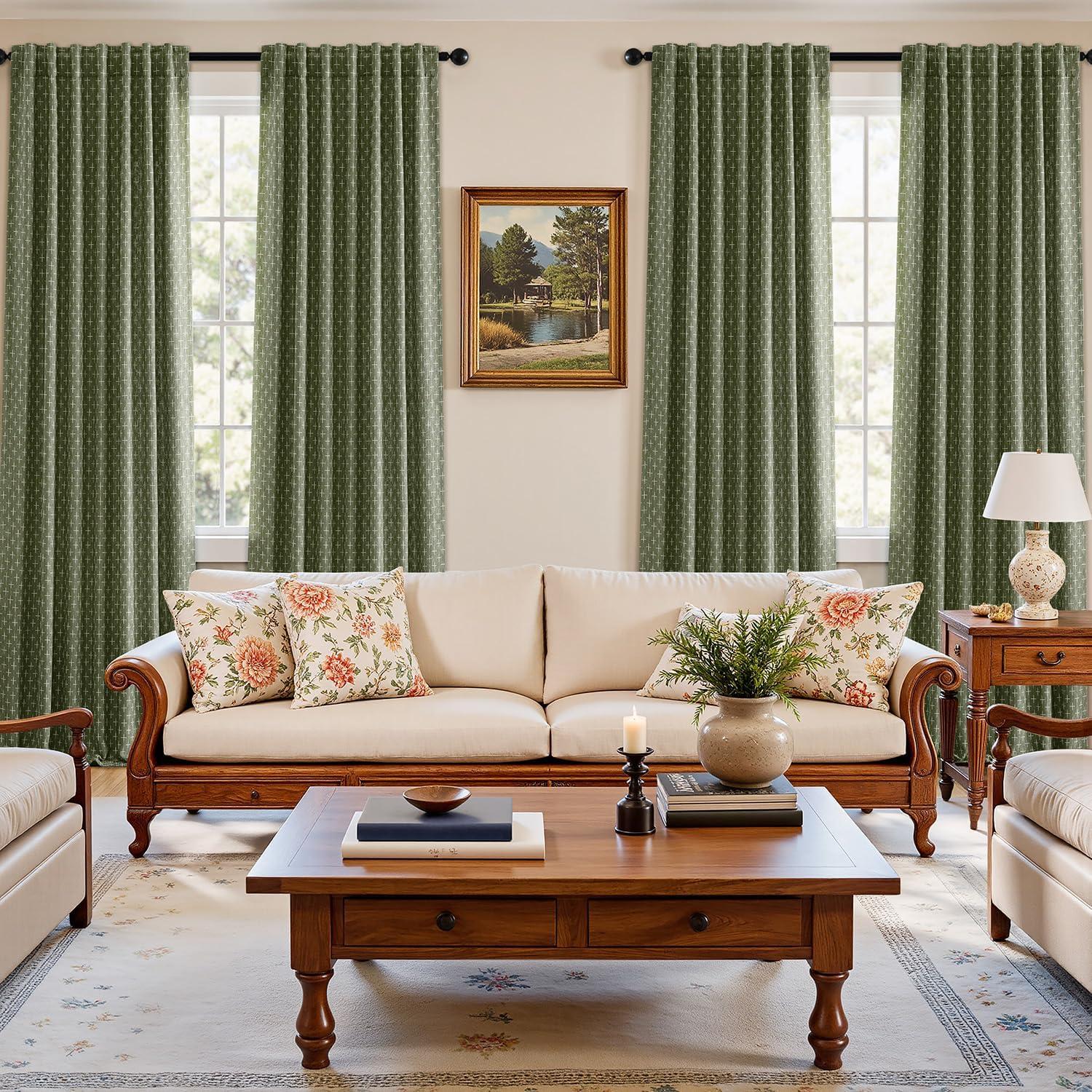 imageMIULEE 100 Blackout Decorative Linen Curtains with Geometric Pattern Thick Woven Farmhouse Rustic Patterned Drapes with Back Tab for Bedroom and Living Room Olive Green 52 x 84 Inches 2 PanelsOlive Green