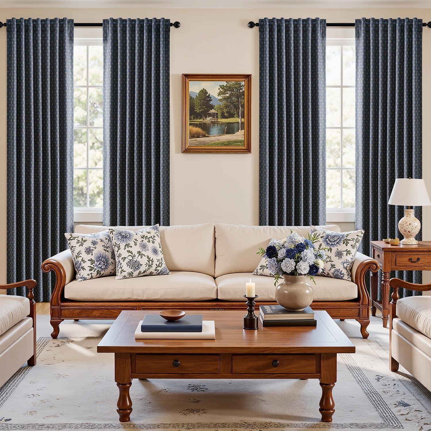 imageMIULEE 100 Blackout Decorative Linen Curtains with Geometric Pattern Thick Woven Farmhouse Rustic Patterned Drapes with Back Tab for Bedroom and Living Room Olive Green 52 x 84 Inches 2 PanelsBlue