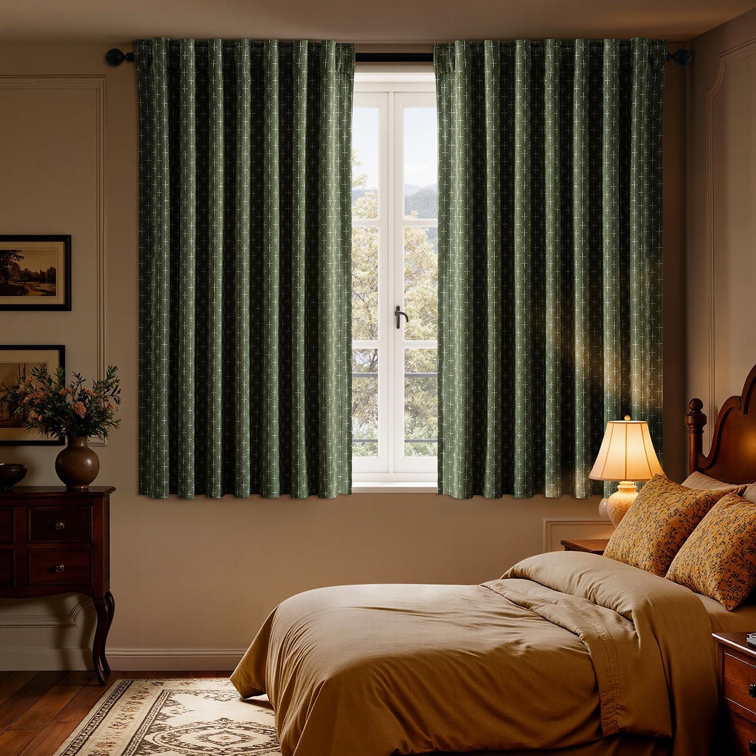 imageMIULEE 100 Blackout Decorative Linen Curtains with Geometric Pattern Thick Woven Farmhouse Rustic Patterned Drapes with Back Tab for Bedroom and Living Room Olive Green 52 x 84 Inches 2 PanelsOlive Green