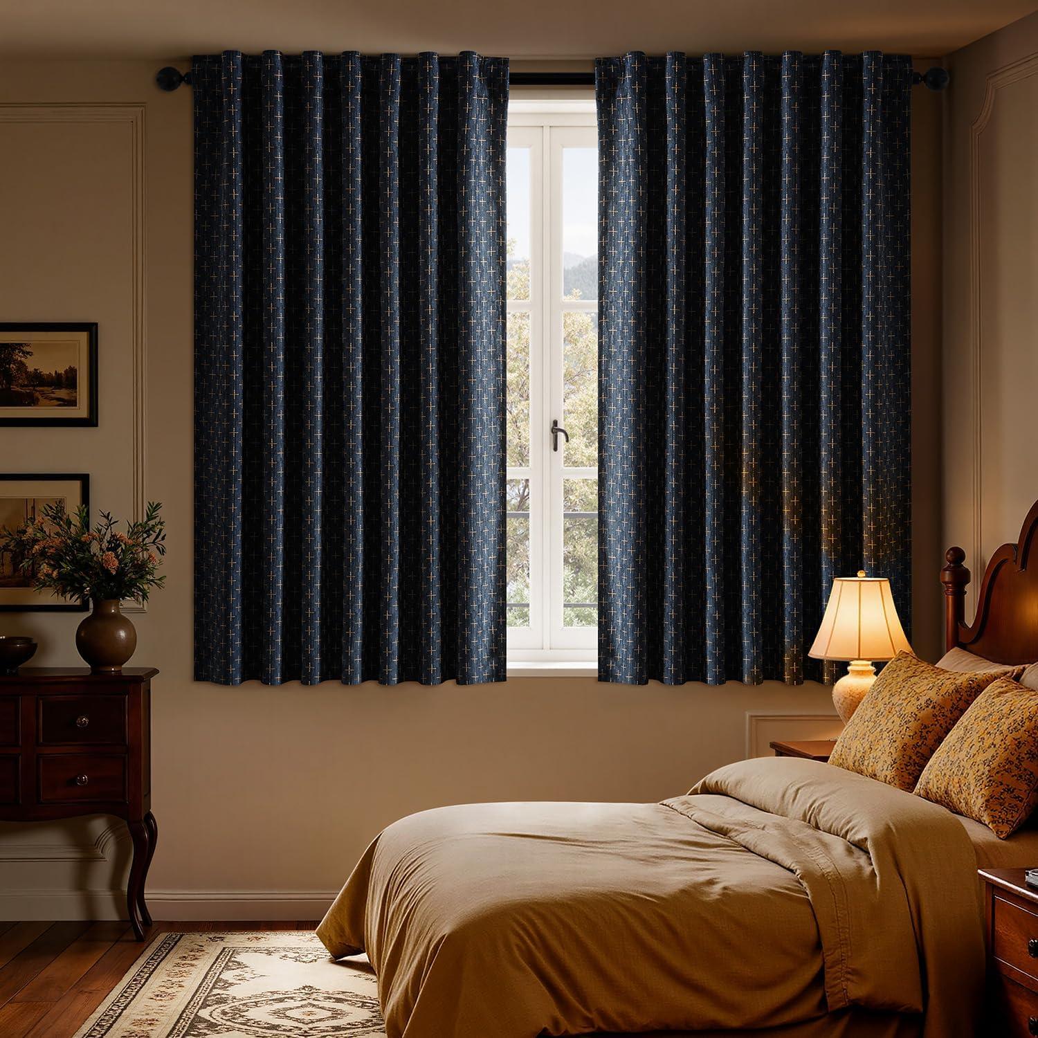 imageMIULEE 100 Blackout Decorative Linen Curtains with Geometric Pattern Thick Woven Farmhouse Rustic Patterned Drapes with Back Tab for Bedroom and Living Room Olive Green 52 x 84 Inches 2 PanelsBlue