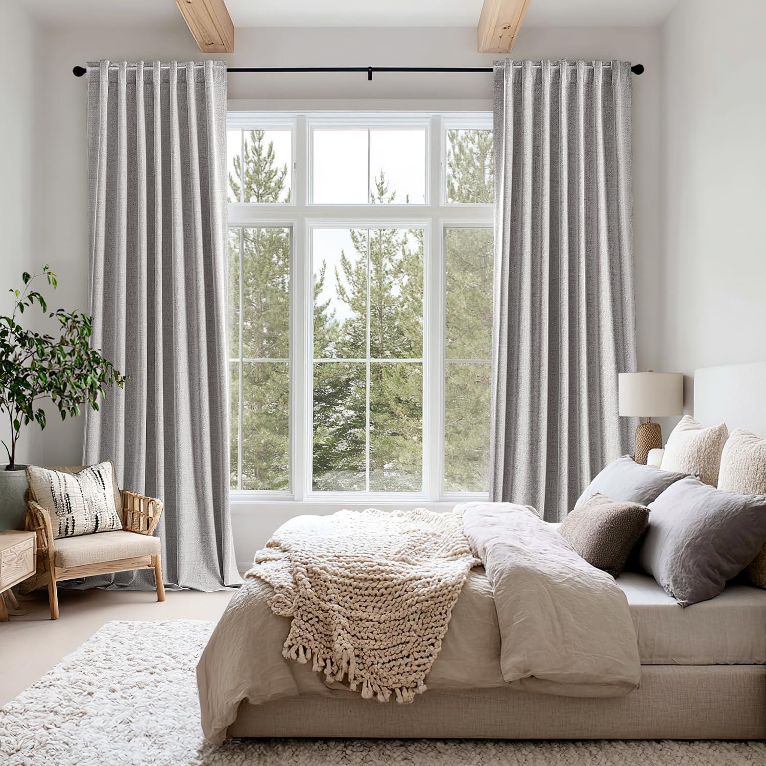 imageMIULEE 100 Blackout Linen Curtains for Bedroom Christmas Emerald Green Solid Luxury Decor Thermal Insulation Room Darkening Drapes for Living Room Nursery Back Tab Rod Pocket 42 x 84 Inches 2 PanelsGreyish White