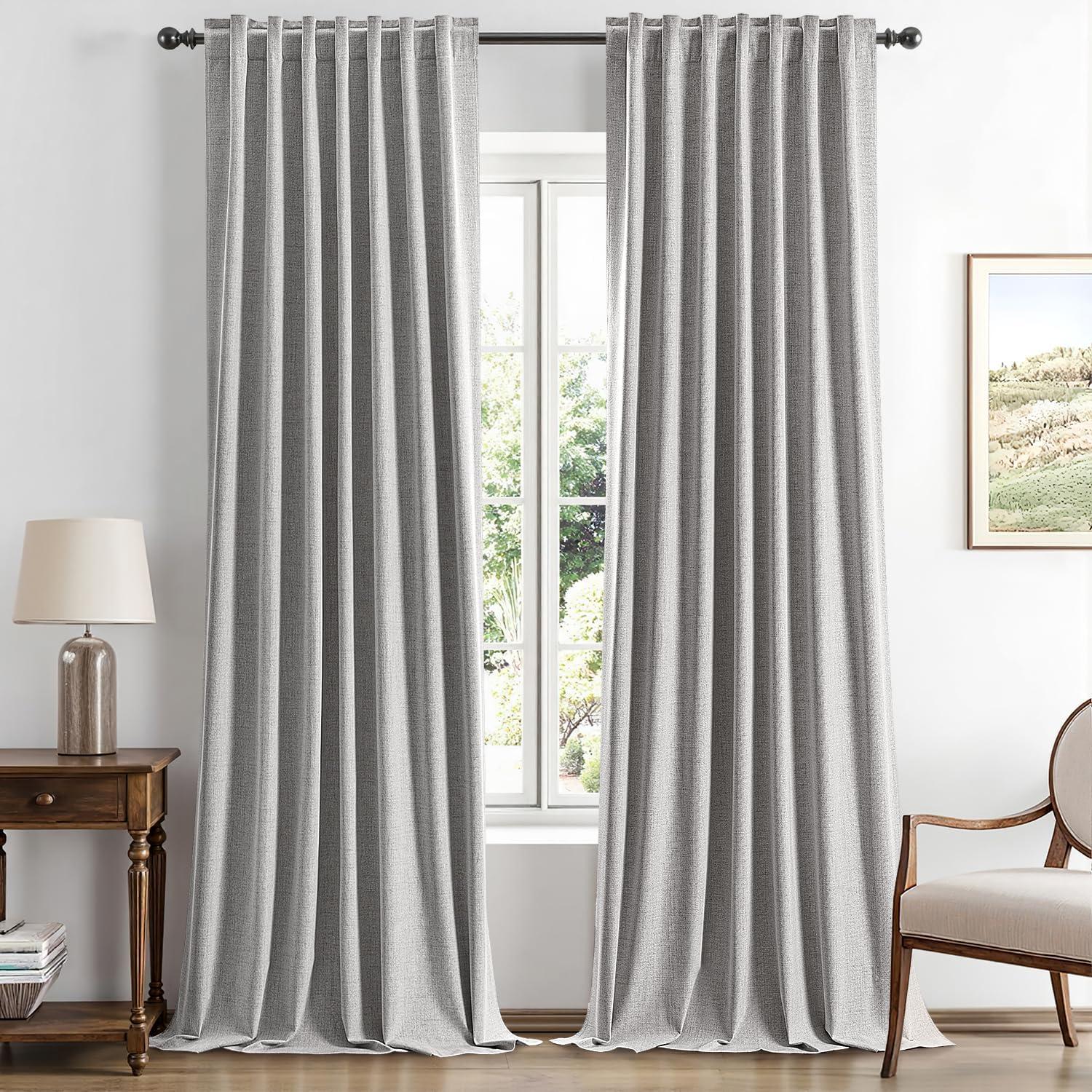 imageMIULEE 100 Blackout Linen Curtains for Bedroom Christmas Emerald Green Solid Luxury Decor Thermal Insulation Room Darkening Drapes for Living Room Nursery Back Tab Rod Pocket 42 x 84 Inches 2 PanelsGreyish White