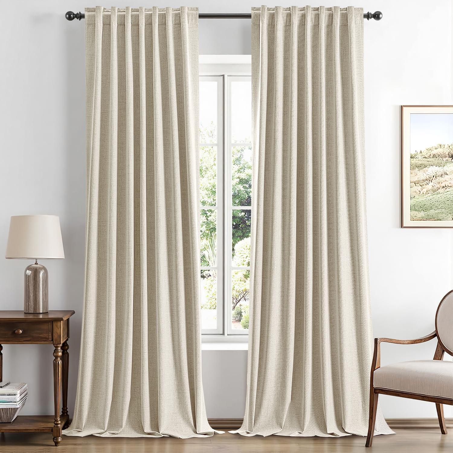 imageMIULEE 100 Blackout Linen Curtains for Bedroom Christmas Emerald Green Solid Luxury Decor Thermal Insulation Room Darkening Drapes for Living Room Nursery Back Tab Rod Pocket 42 x 84 Inches 2 PanelsCream