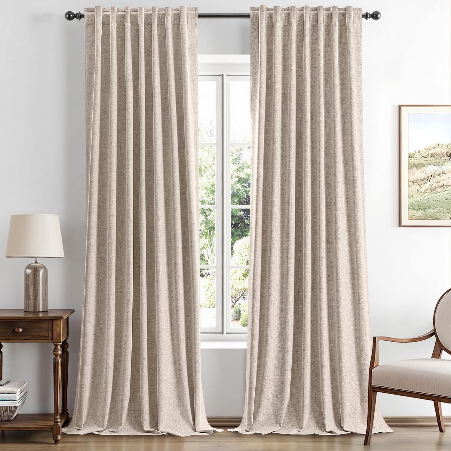 imageMIULEE 100 Blackout Linen Curtains for Bedroom Christmas Emerald Green Solid Luxury Decor Thermal Insulation Room Darkening Drapes for Living Room Nursery Back Tab Rod Pocket 42 x 84 Inches 2 PanelsBeige