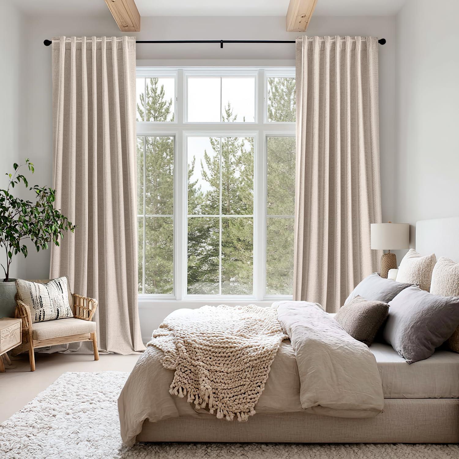 imageMIULEE 100 Blackout Linen Curtains for Bedroom Christmas Emerald Green Solid Luxury Decor Thermal Insulation Room Darkening Drapes for Living Room Nursery Back Tab Rod Pocket 42 x 84 Inches 2 PanelsBeige
