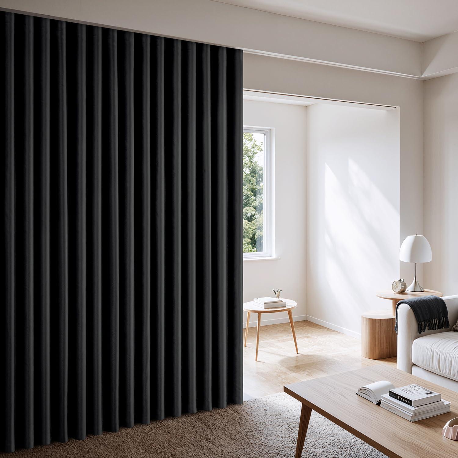 imageMIULEE 100 Blackout Room Divider Curtains Extra Wide Ceiling Halloween Panel Sound Proof Thermal Privacy Drapes for Living Room Bedroom Sliding Door Ceiling Track W100 x L96 Inch Black 1 PanelBlack