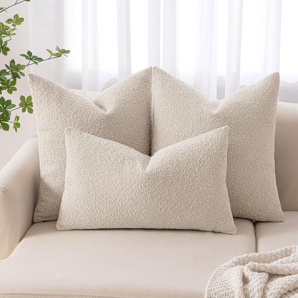 imageMIULEE 18x18 Inch Decorative Pillow Covers for Couch Bed Set of 2 Textured Boucle Neutral Winter Throw Pillows Orange Accent Solid Cushion Pillowcases Sofa Livingroom Home DecorNatural Beige