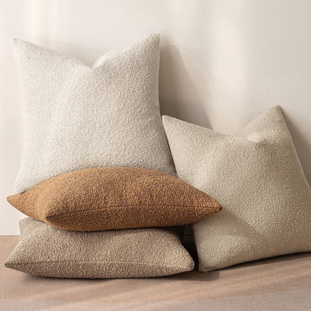 imageMIULEE 18x18 Inch Decorative Pillow Covers for Couch Bed Set of 2 Textured Boucle Neutral Winter Throw Pillows Orange Accent Solid Cushion Pillowcases Sofa Livingroom Home DecorNatural Beige