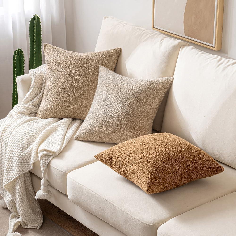 imageMIULEE 18x18 Inch Decorative Pillow Covers for Couch Bed Set of 2 Textured Boucle Neutral Winter Throw Pillows Orange Accent Solid Cushion Pillowcases Sofa Livingroom Home DecorNatural Beige