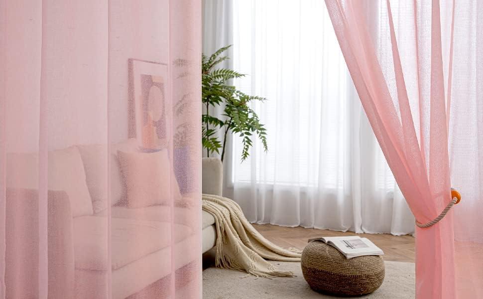 imageMIULEE 2 Panels Burgundy Red Semi Sheer Window Curtains Elegant Christmas Decor Grommet Top Voile Drapes Window Treatment Linen Textured Panels for Bedroom Living Room 54X84 inch LengthBaby Pink
