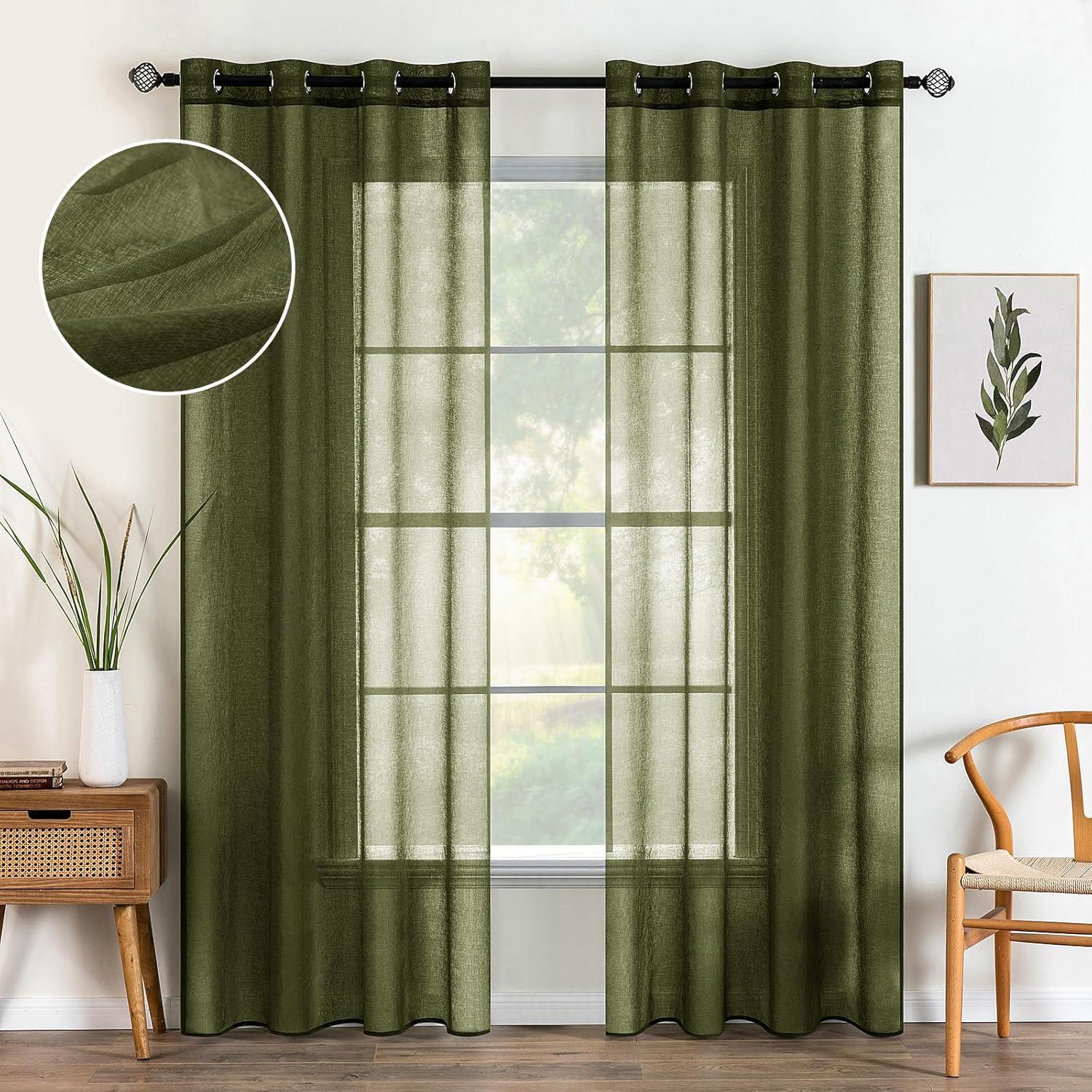 imageMIULEE 2 Panels Burgundy Red Semi Sheer Window Curtains Elegant Christmas Decor Grommet Top Voile Drapes Window Treatment Linen Textured Panels for Bedroom Living Room 54X84 inch LengthOlive Green