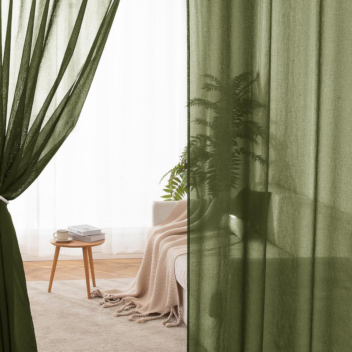 imageMIULEE 2 Panels Burgundy Red Semi Sheer Window Curtains Elegant Christmas Decor Grommet Top Voile Drapes Window Treatment Linen Textured Panels for Bedroom Living Room 54X84 inch LengthOlive Green