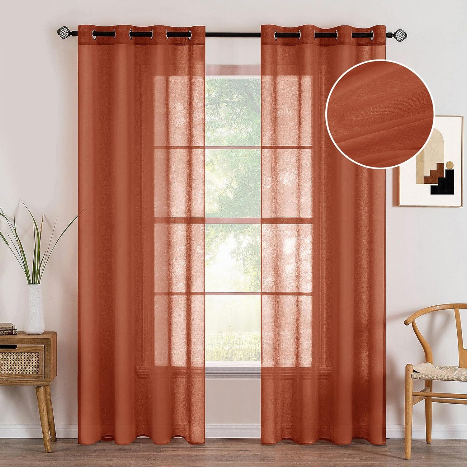imageMIULEE 2 Panels Burgundy Red Semi Sheer Window Curtains Elegant Christmas Decor Grommet Top Voile Drapes Window Treatment Linen Textured Panels for Bedroom Living Room 54X84 inch LengthTerracotta