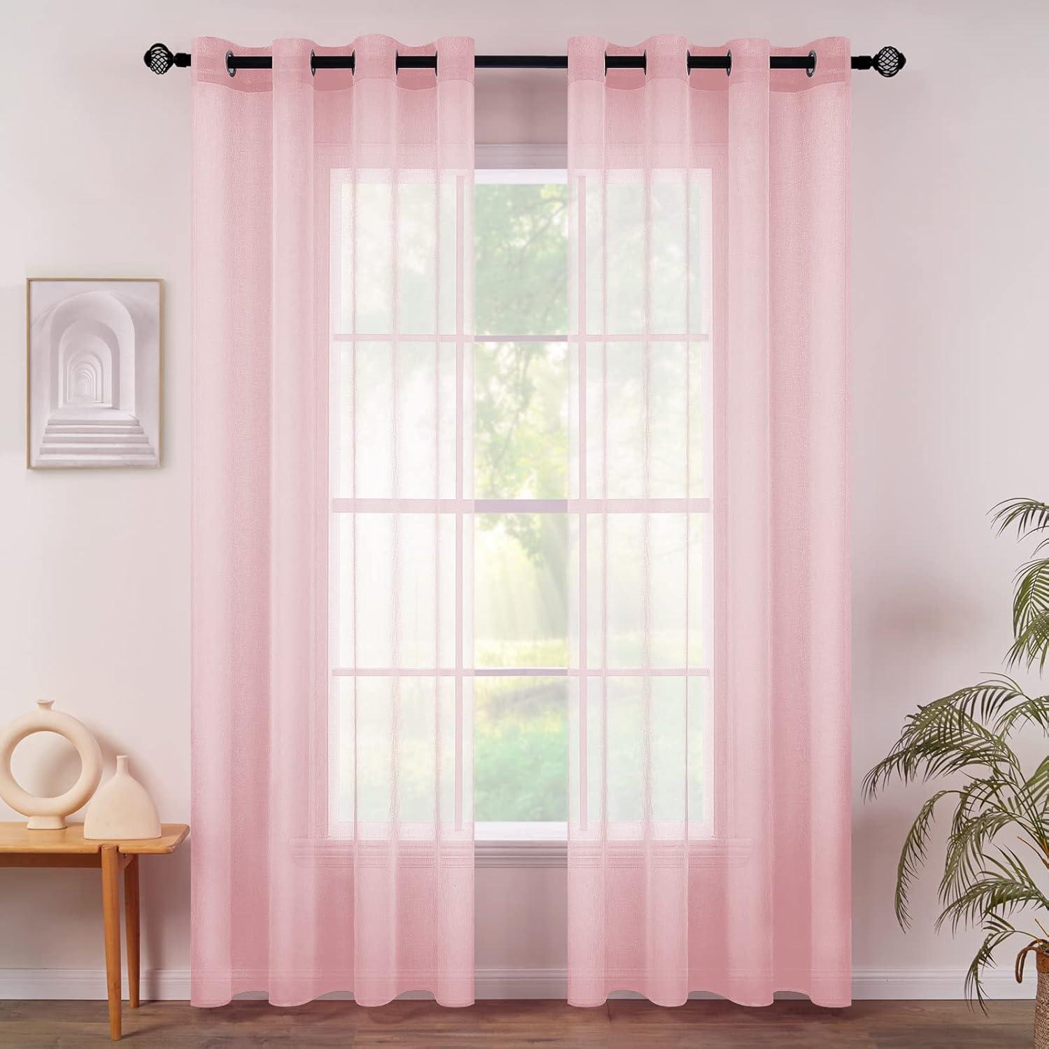 imageMIULEE 2 Panels Burgundy Red Semi Sheer Window Curtains Elegant Christmas Decor Grommet Top Voile Drapes Window Treatment Linen Textured Panels for Bedroom Living Room 54X84 inch LengthBaby Pink