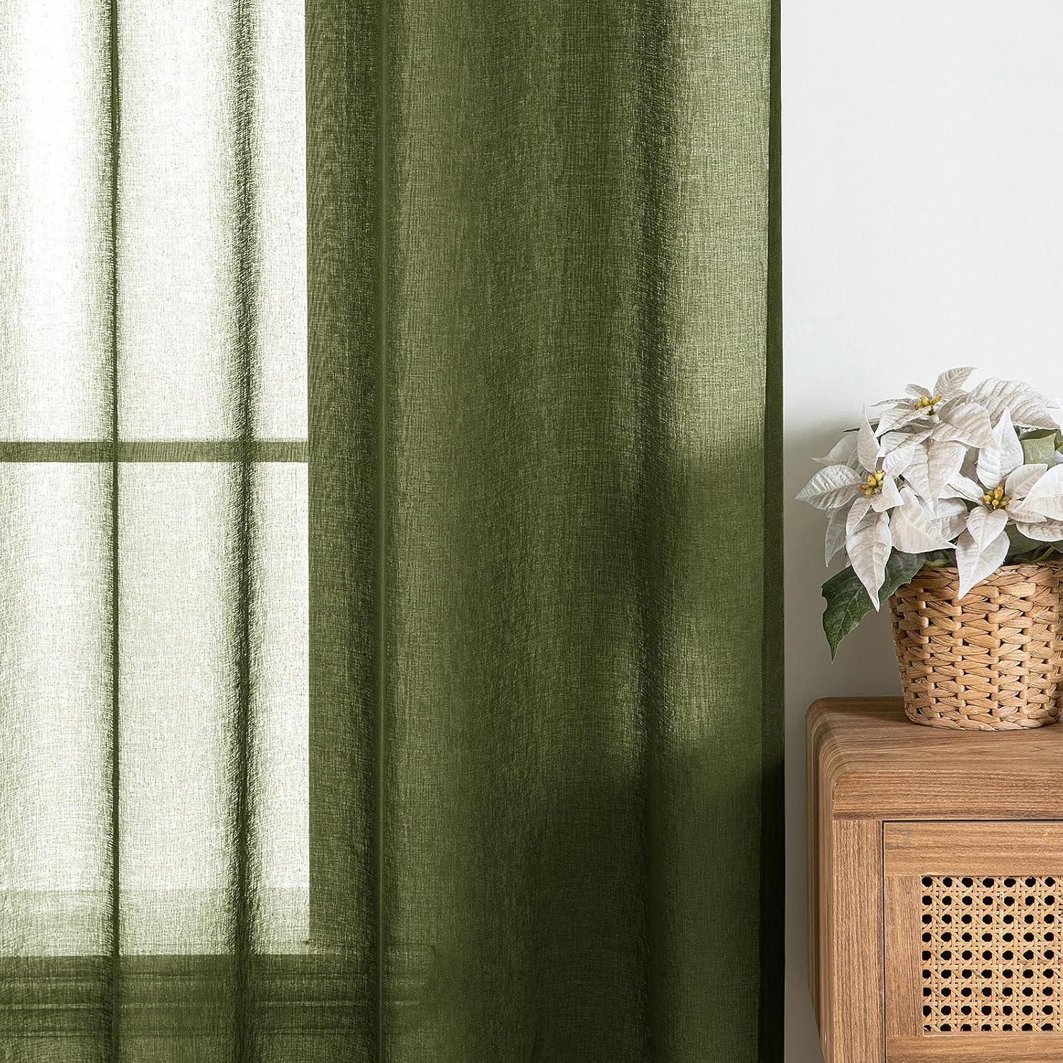 imageMIULEE 2 Panels Burgundy Red Semi Sheer Window Curtains Elegant Christmas Decor Grommet Top Voile Drapes Window Treatment Linen Textured Panels for Bedroom Living Room 54X84 inch LengthOlive Green