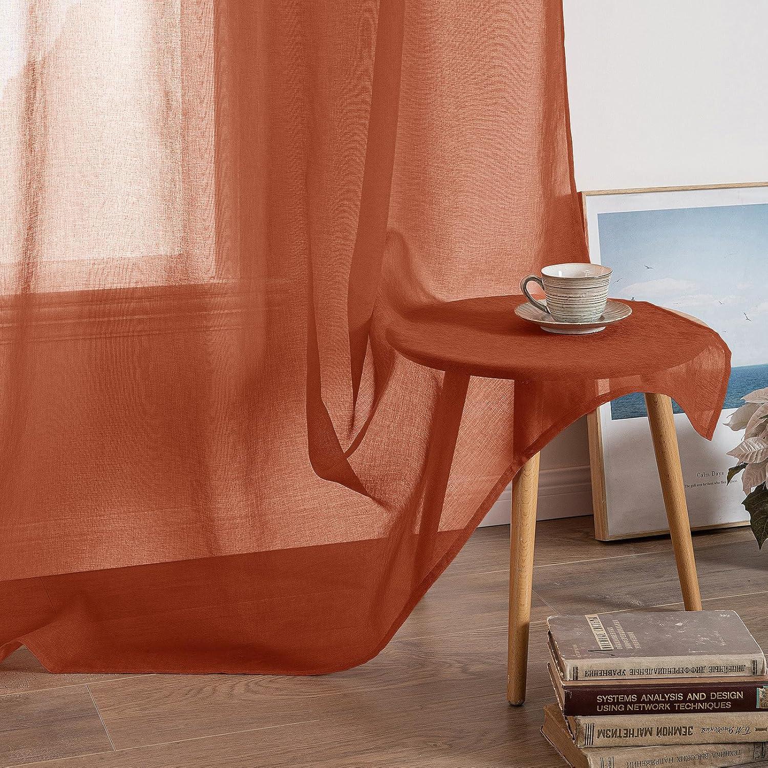imageMIULEE 2 Panels Burgundy Red Semi Sheer Window Curtains Elegant Christmas Decor Grommet Top Voile Drapes Window Treatment Linen Textured Panels for Bedroom Living Room 54X84 inch LengthTerracotta