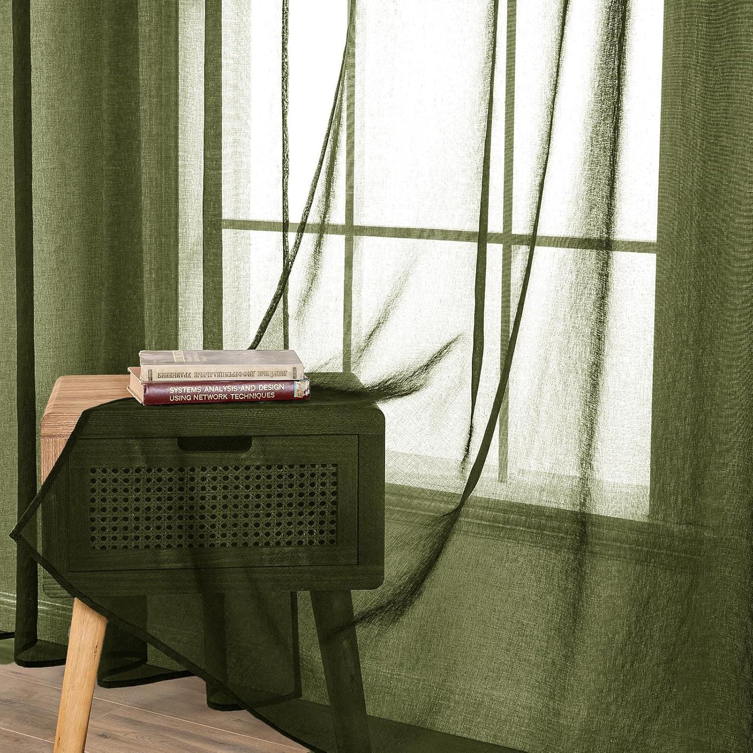 imageMIULEE 2 Panels Burgundy Red Semi Sheer Window Curtains Elegant Christmas Decor Grommet Top Voile Drapes Window Treatment Linen Textured Panels for Bedroom Living Room 54X84 inch LengthOlive Green