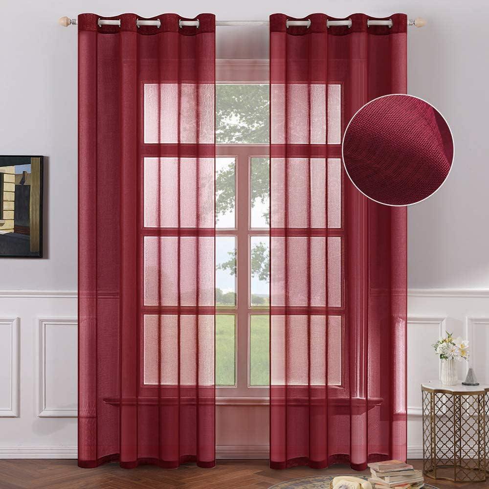 imageMIULEE 2 Panels Burgundy Red Semi Sheer Window Curtains Elegant Christmas Decor Grommet Top Voile Drapes Window Treatment Linen Textured Panels for Bedroom Living Room 54X84 inch LengthBurgundy Red