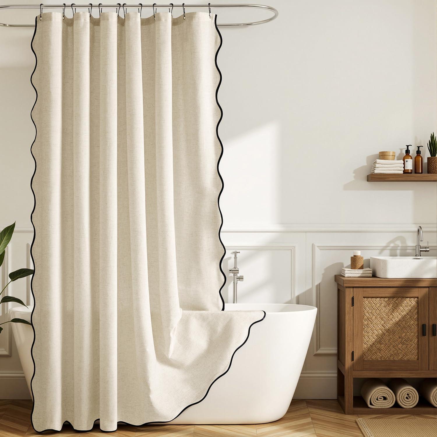 imageMIULEE 84quot Long Scalloped Linen Shower Curtain with 12 Metal Hooks Cute Extra Long Boho Heavy Duty Washable Waterproof Thick Cloth Curtains with Black Border for Bathroom Hotel BathtubNaturalNatural