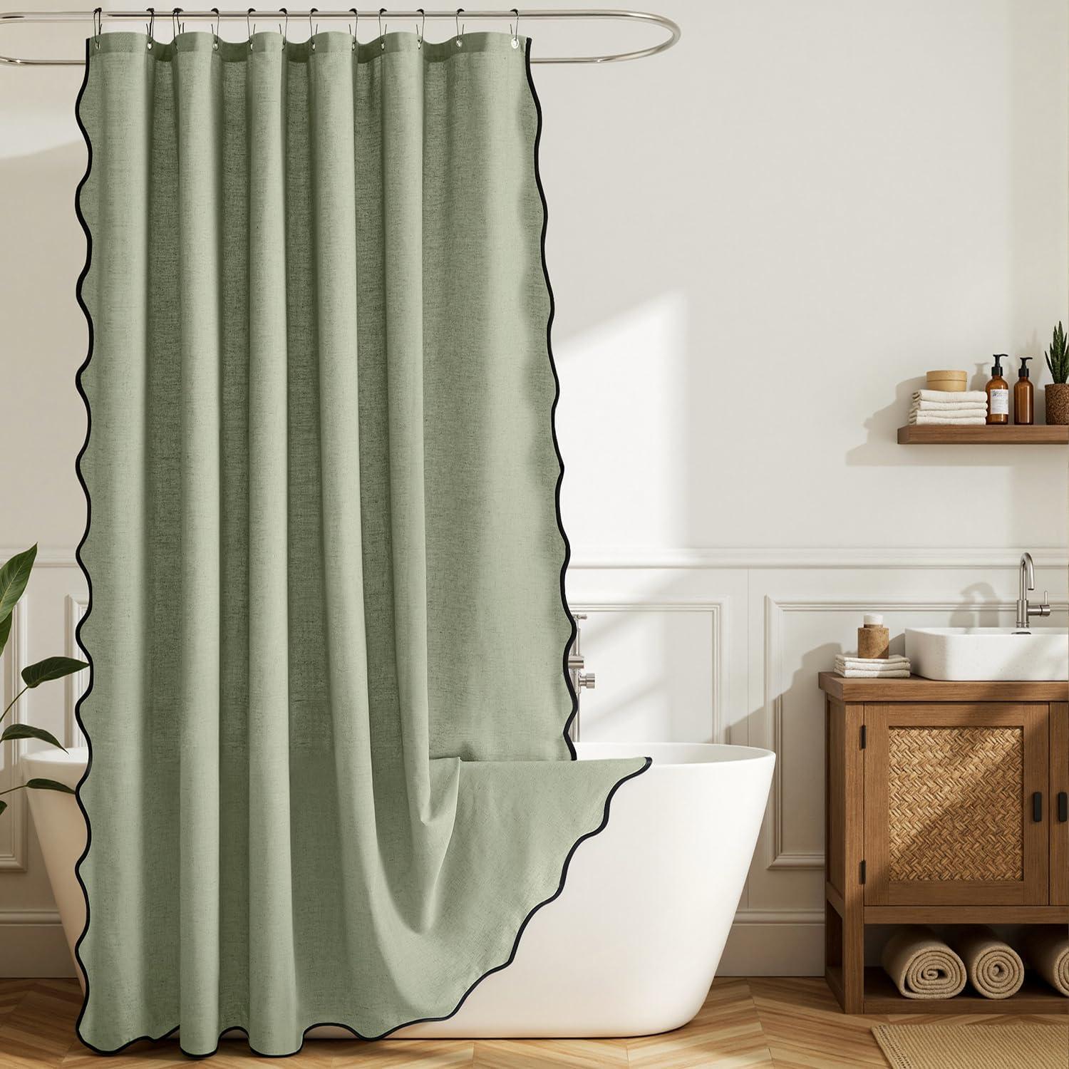 imageMIULEE 84quot Long Scalloped Linen Shower Curtain with 12 Metal Hooks Cute Extra Long Boho Heavy Duty Washable Waterproof Thick Cloth Curtains with Black Border for Bathroom Hotel BathtubNaturalSage Green