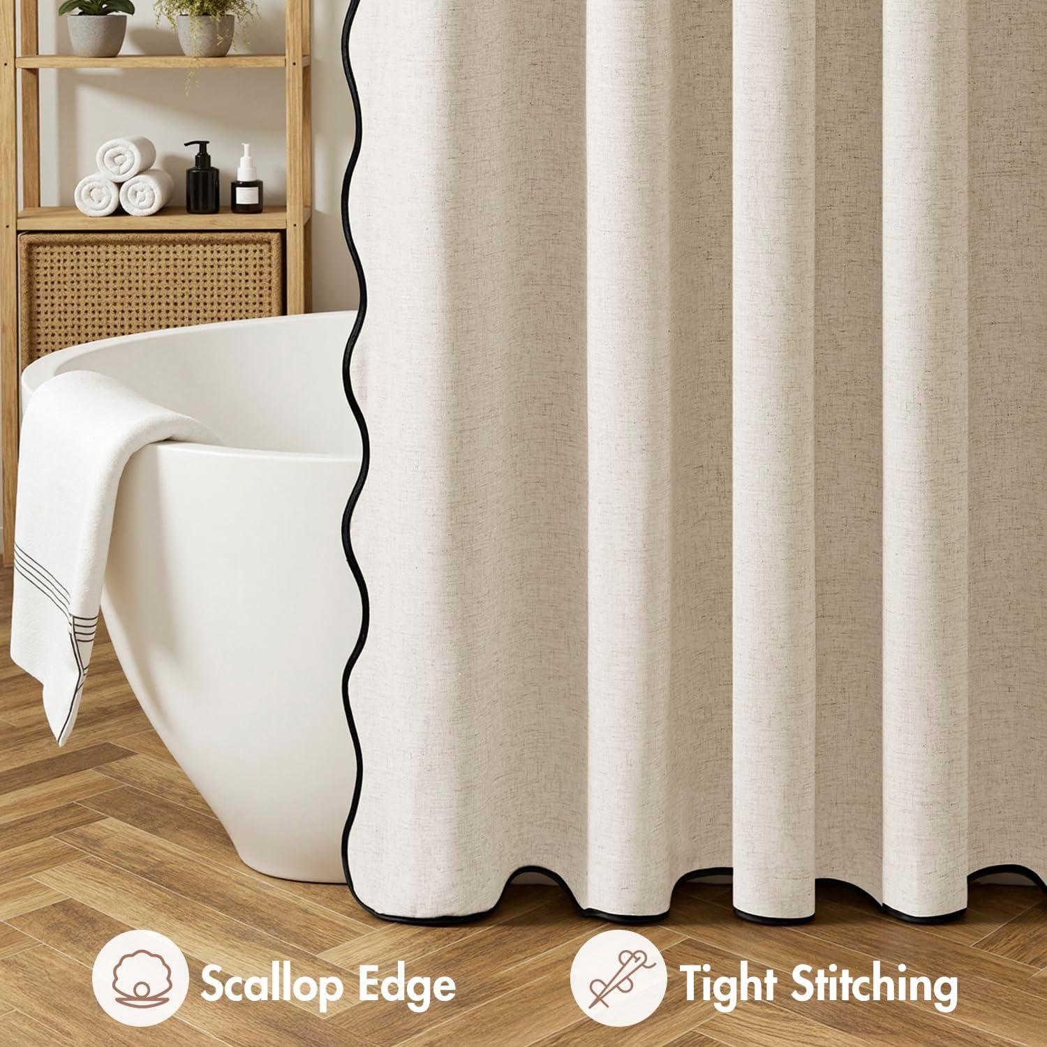 imageMIULEE 84quot Long Scalloped Linen Shower Curtain with 12 Metal Hooks Cute Extra Long Boho Heavy Duty Washable Waterproof Thick Cloth Curtains with Black Border for Bathroom Hotel BathtubNaturalBeige