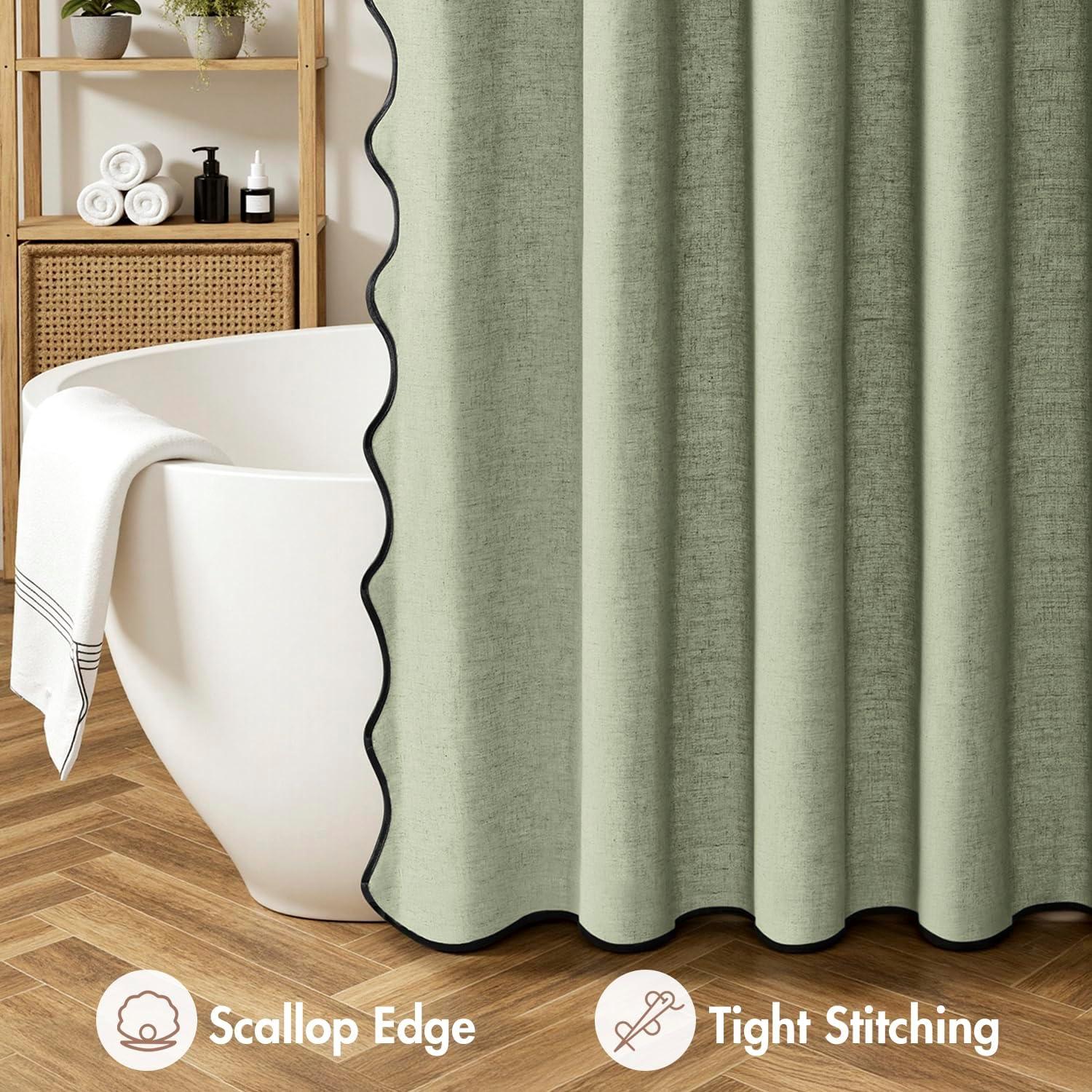 imageMIULEE 84quot Long Scalloped Linen Shower Curtain with 12 Metal Hooks Cute Extra Long Boho Heavy Duty Washable Waterproof Thick Cloth Curtains with Black Border for Bathroom Hotel BathtubNaturalSage Green