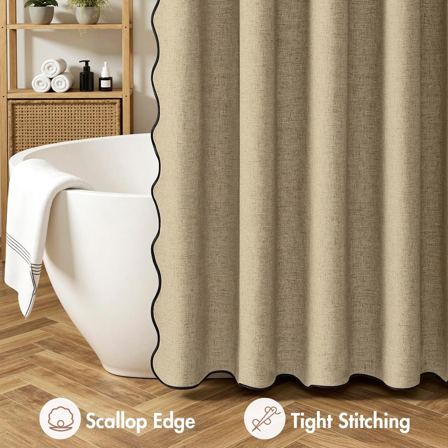 imageMIULEE 84quot Long Scalloped Linen Shower Curtain with 12 Metal Hooks Cute Extra Long Boho Heavy Duty Washable Waterproof Thick Cloth Curtains with Black Border for Bathroom Hotel BathtubNaturalKhaki