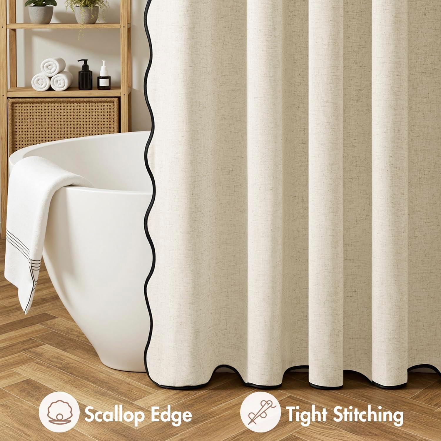 imageMIULEE 84quot Long Scalloped Linen Shower Curtain with 12 Metal Hooks Cute Extra Long Boho Heavy Duty Washable Waterproof Thick Cloth Curtains with Black Border for Bathroom Hotel BathtubNaturalNatural