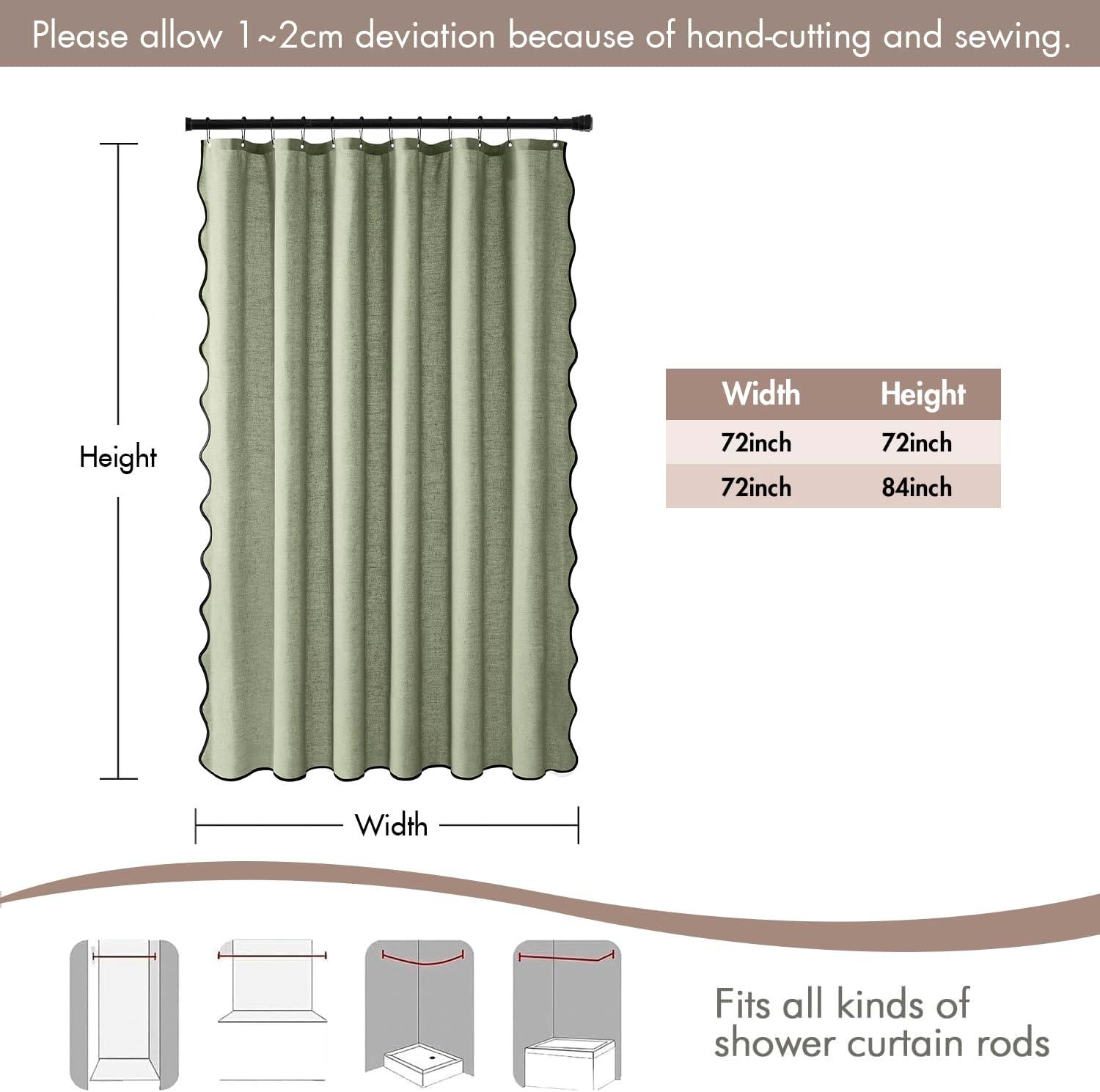 imageMIULEE 84quot Long Scalloped Linen Shower Curtain with 12 Metal Hooks Cute Extra Long Boho Heavy Duty Washable Waterproof Thick Cloth Curtains with Black Border for Bathroom Hotel BathtubNaturalSage Green