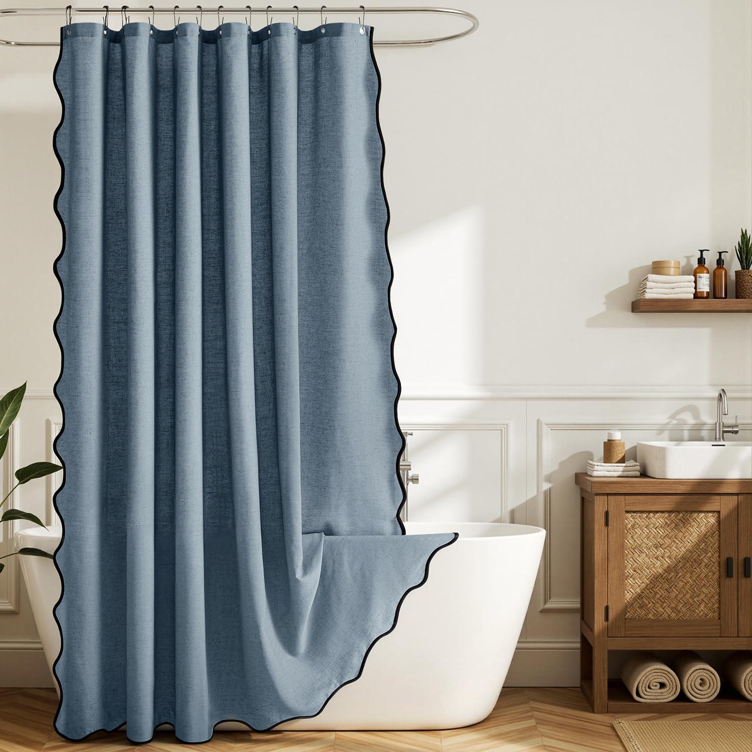imageMIULEE 84quot Long Scalloped Linen Shower Curtain with 12 Metal Hooks Cute Extra Long Boho Heavy Duty Washable Waterproof Thick Cloth Curtains with Black Border for Bathroom Hotel BathtubNaturalDusty Blue