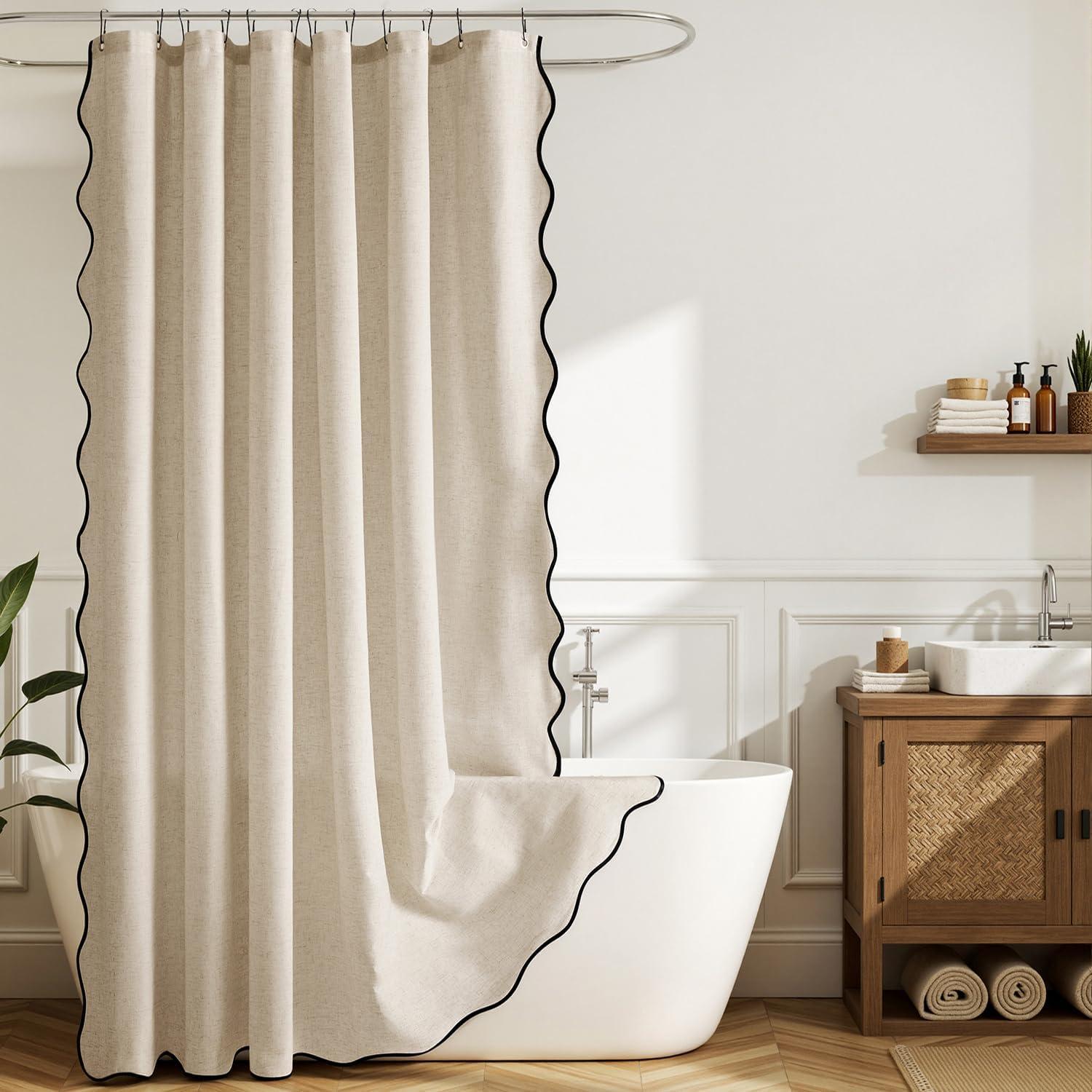 imageMIULEE 84quot Long Scalloped Linen Shower Curtain with 12 Metal Hooks Cute Extra Long Boho Heavy Duty Washable Waterproof Thick Cloth Curtains with Black Border for Bathroom Hotel BathtubNaturalBeige