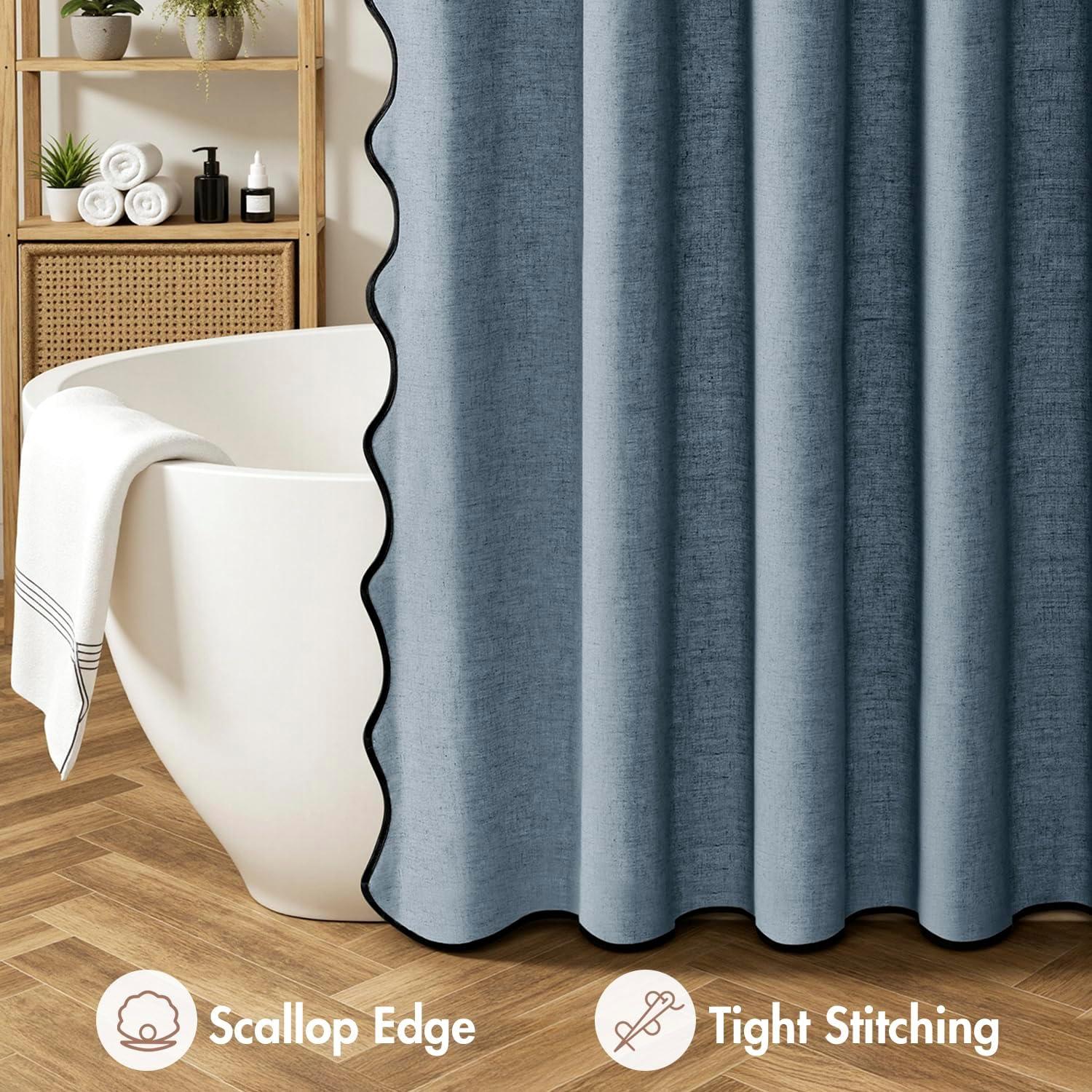 imageMIULEE 84quot Long Scalloped Linen Shower Curtain with 12 Metal Hooks Cute Extra Long Boho Heavy Duty Washable Waterproof Thick Cloth Curtains with Black Border for Bathroom Hotel BathtubNaturalDusty Blue