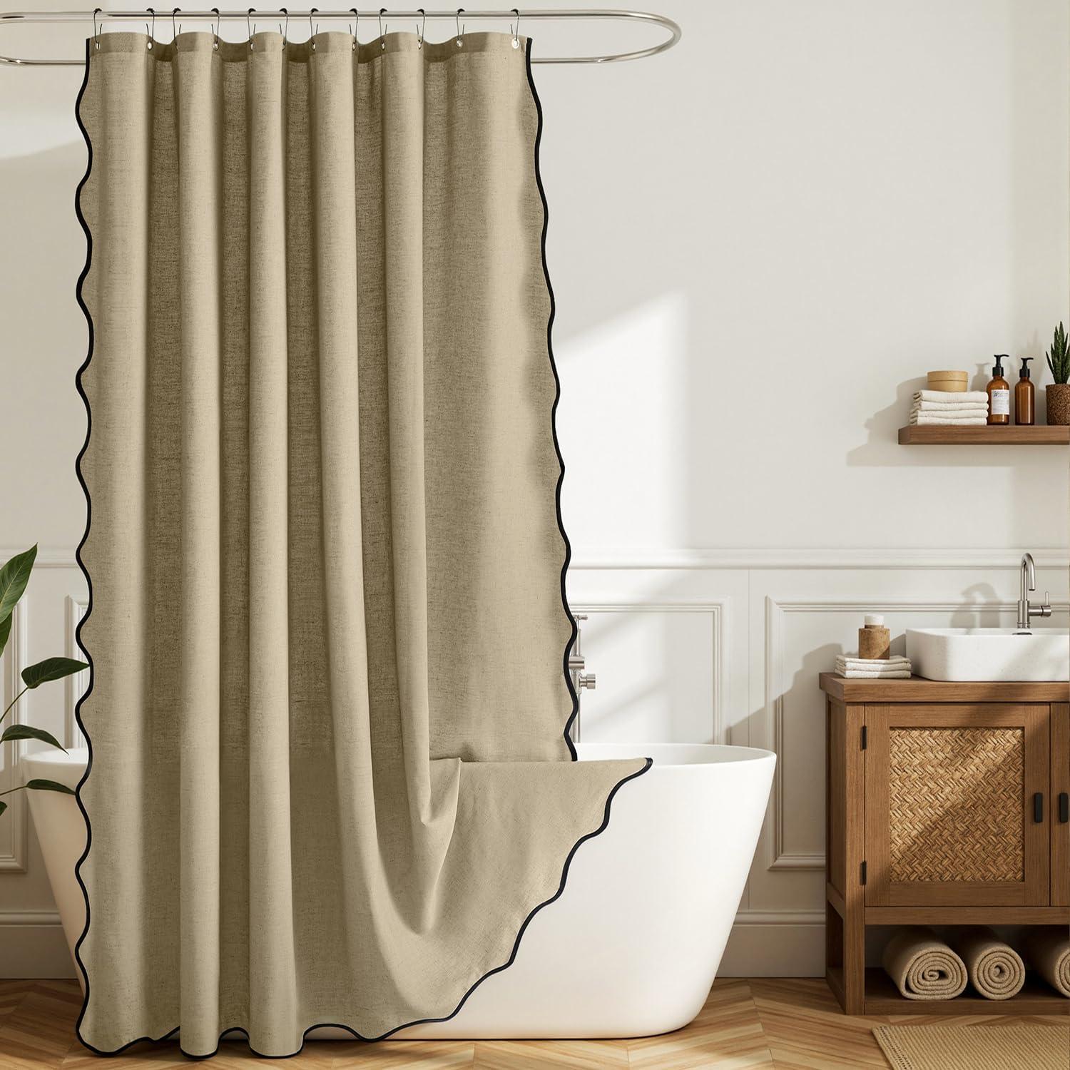 imageMIULEE 84quot Long Scalloped Linen Shower Curtain with 12 Metal Hooks Cute Extra Long Boho Heavy Duty Washable Waterproof Thick Cloth Curtains with Black Border for Bathroom Hotel BathtubNaturalKhaki