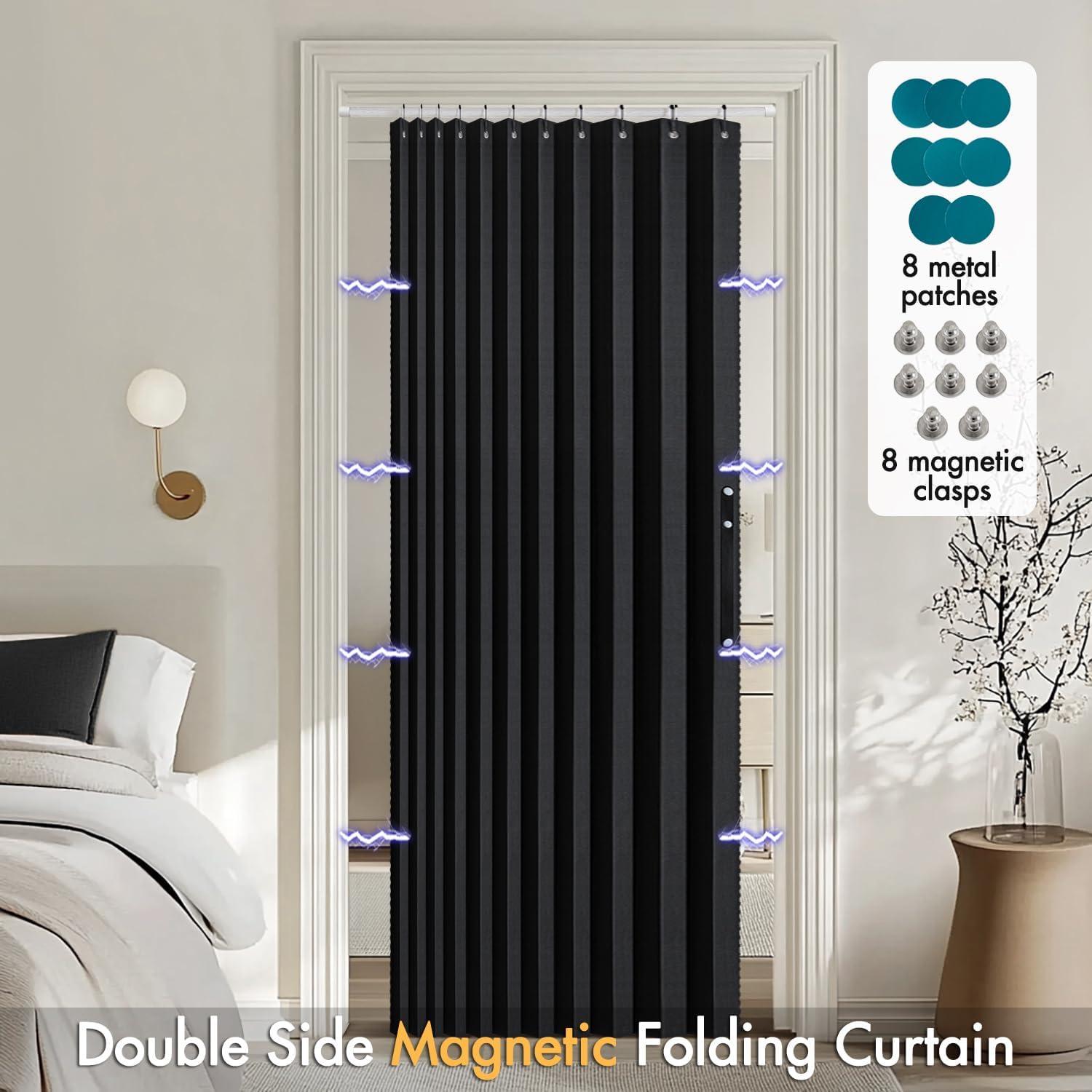 imageMIULEE Accordion Style Magnetic Folding Door Curtains for DoorwaysCloset Room Divider Pleated Drapes with Hooks for Interior Living RoomBedroomOpen Closet White W42 x L78 inches 1 PanelBlack