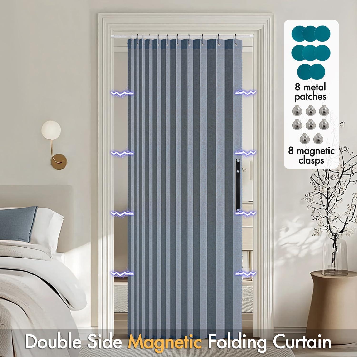 imageMIULEE Accordion Style Magnetic Folding Door Curtains for DoorwaysCloset Room Divider Pleated Drapes with Hooks for Interior Living RoomBedroomOpen Closet White W42 x L78 inches 1 PanelBlue