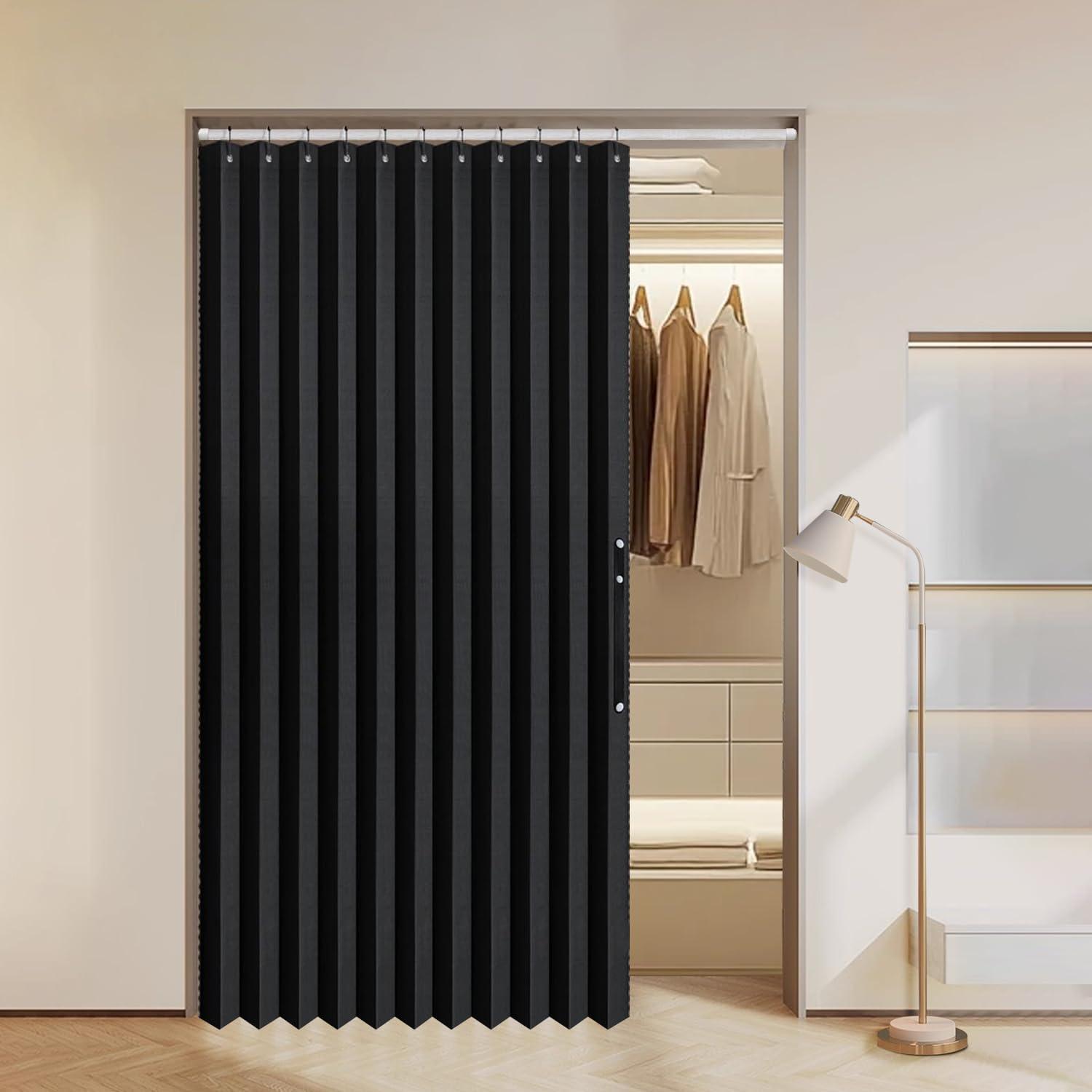 imageMIULEE Accordion Style Magnetic Folding Door Curtains for DoorwaysCloset Room Divider Pleated Drapes with Hooks for Interior Living RoomBedroomOpen Closet White W42 x L78 inches 1 PanelBlack
